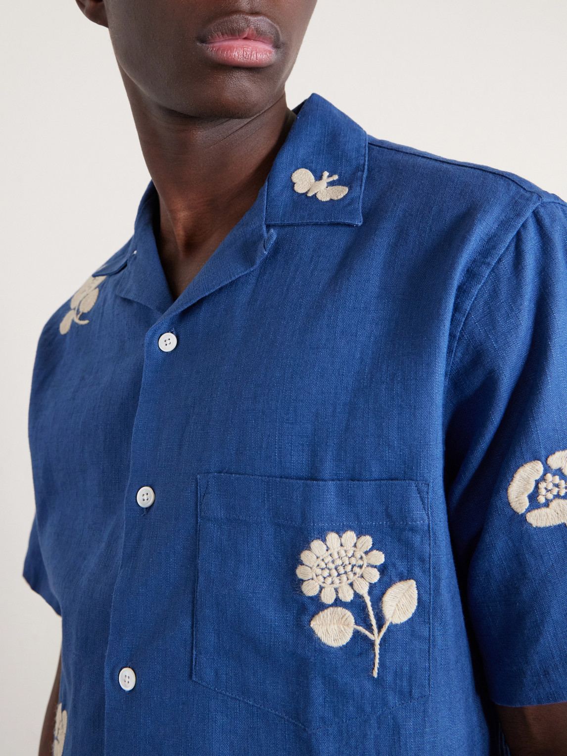 Convertible-Collar Embroidered Ramie Shirt