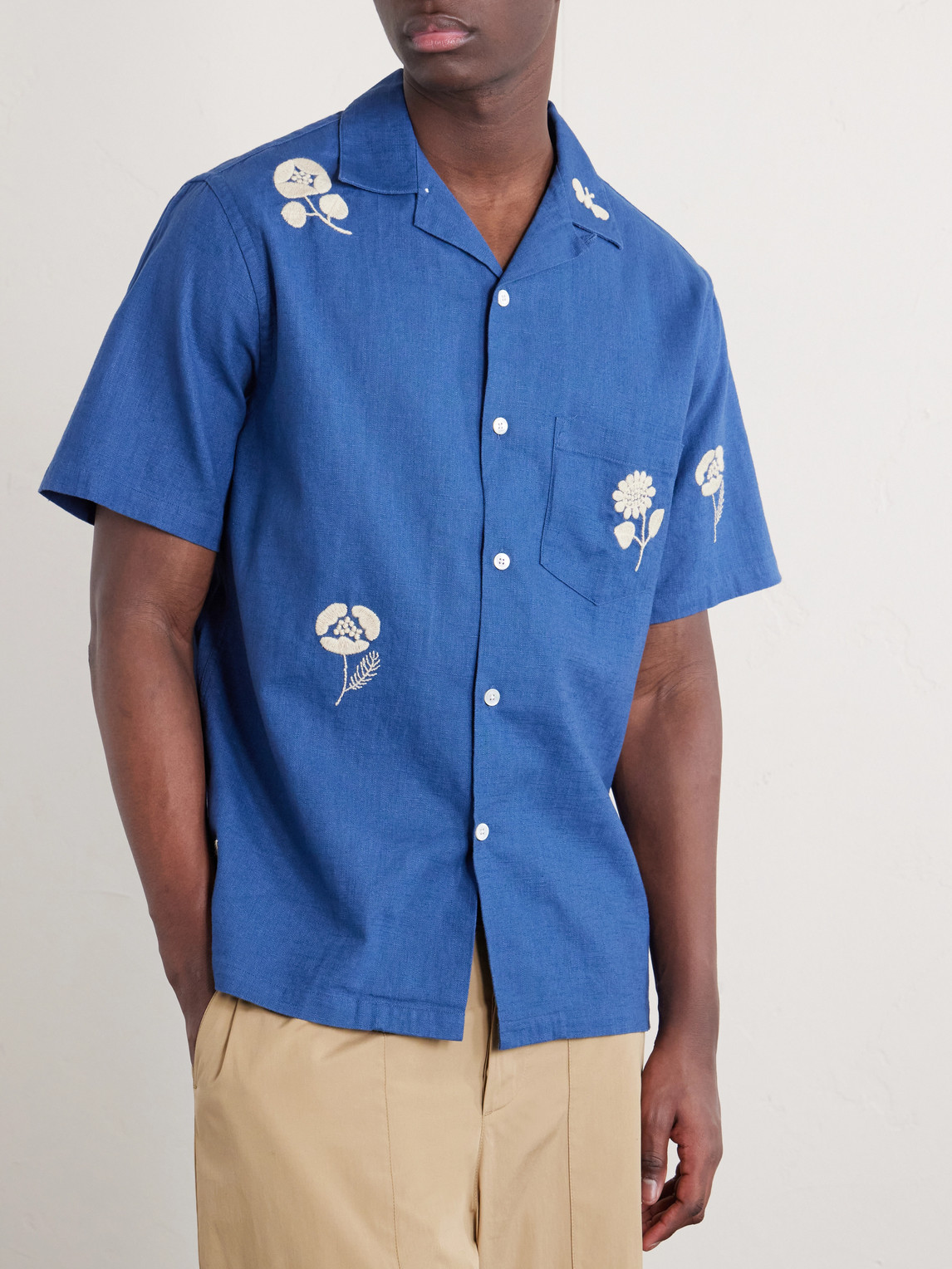 Convertible-Collar Embroidered Ramie Shirt