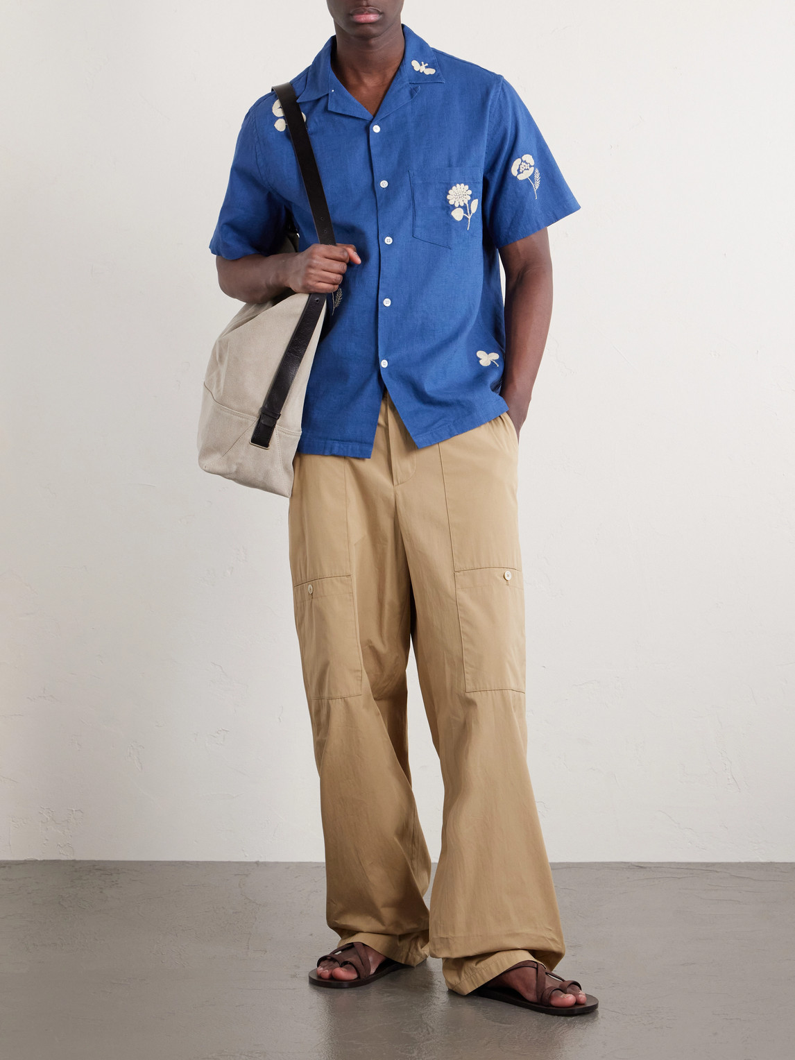 Convertible-Collar Embroidered Ramie Shirt