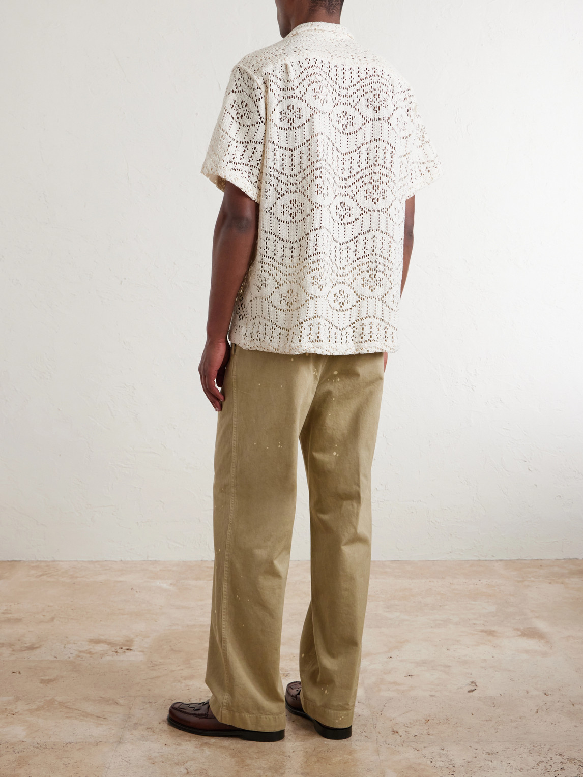 Camp-Collar Crochet-Knit Cotton-Blend Shirt