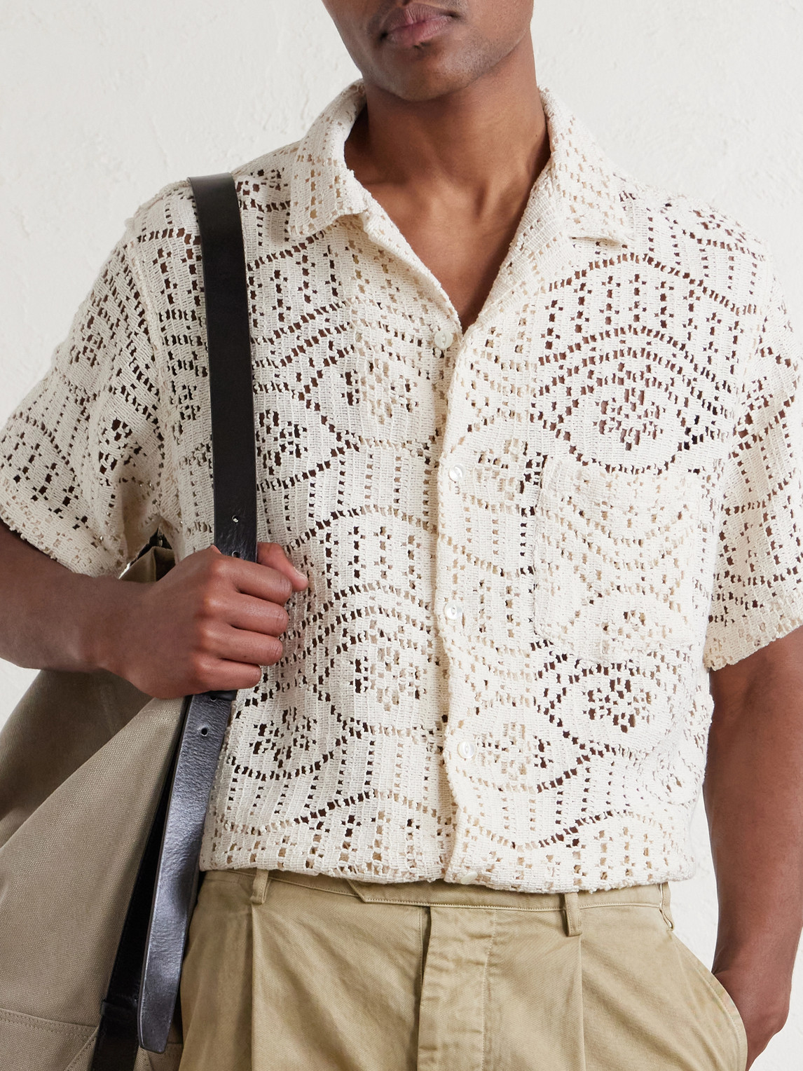 Camp-Collar Crochet-Knit Cotton-Blend Shirt