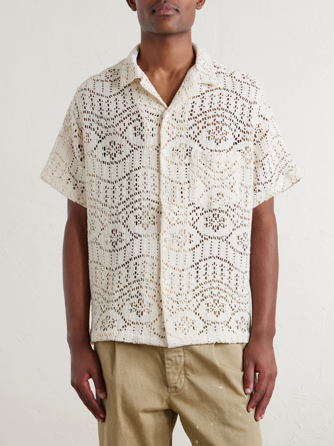 Camp-Collar Crochet-Knit Cotton-Blend Shirt