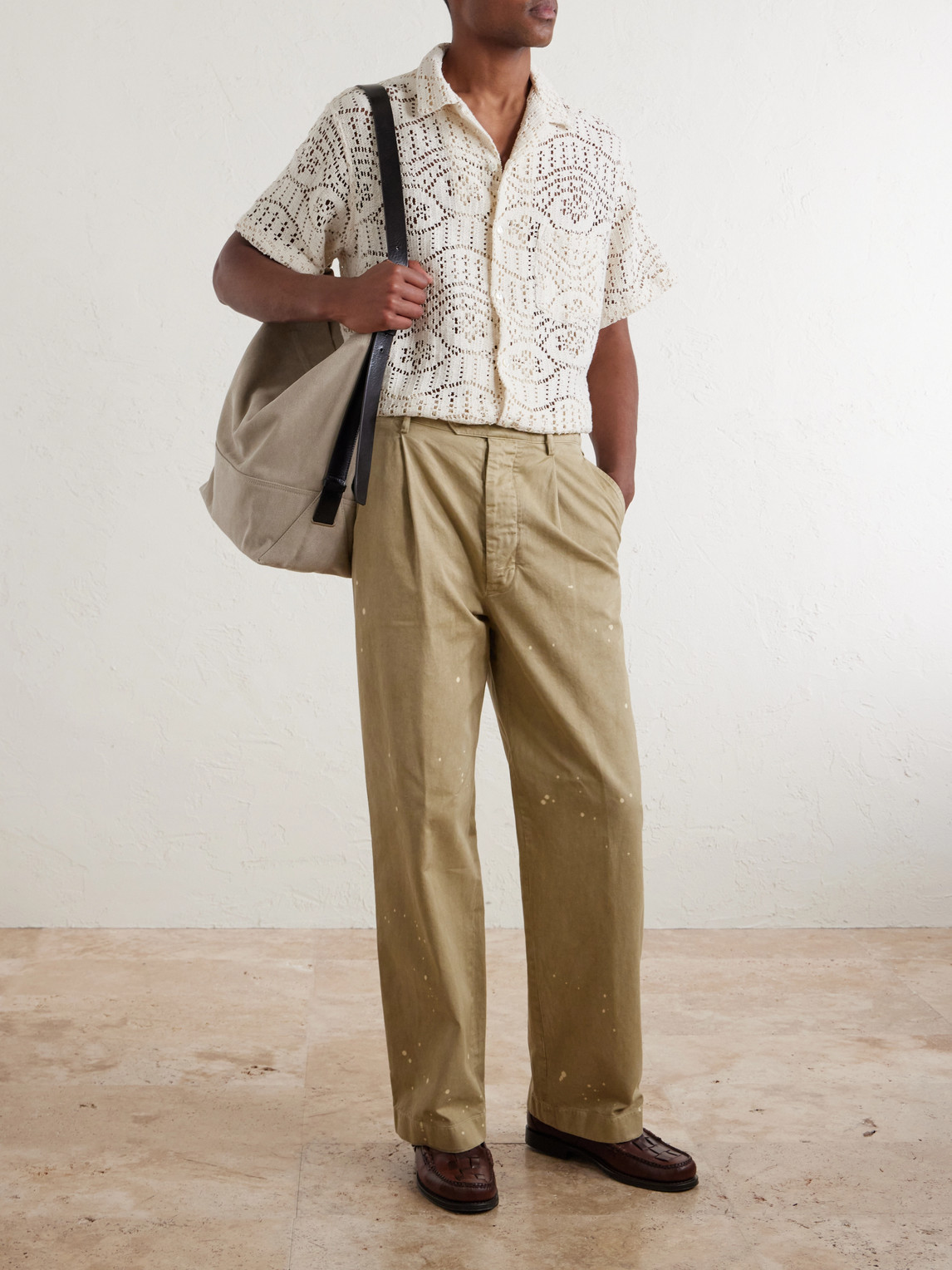 Camp-Collar Crochet-Knit Cotton-Blend Shirt