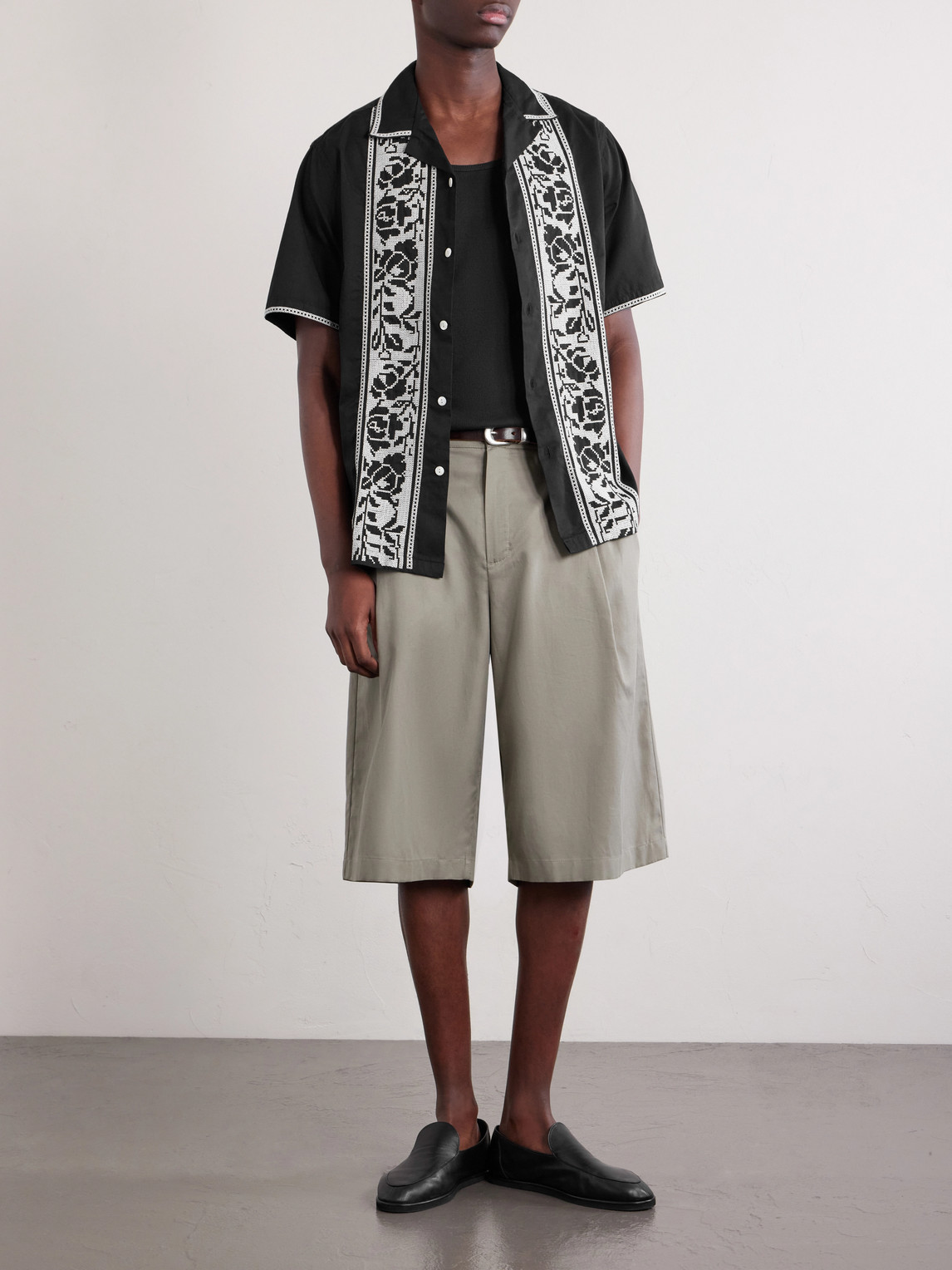 Convertible-Collar Embroidered Cotton Shirt