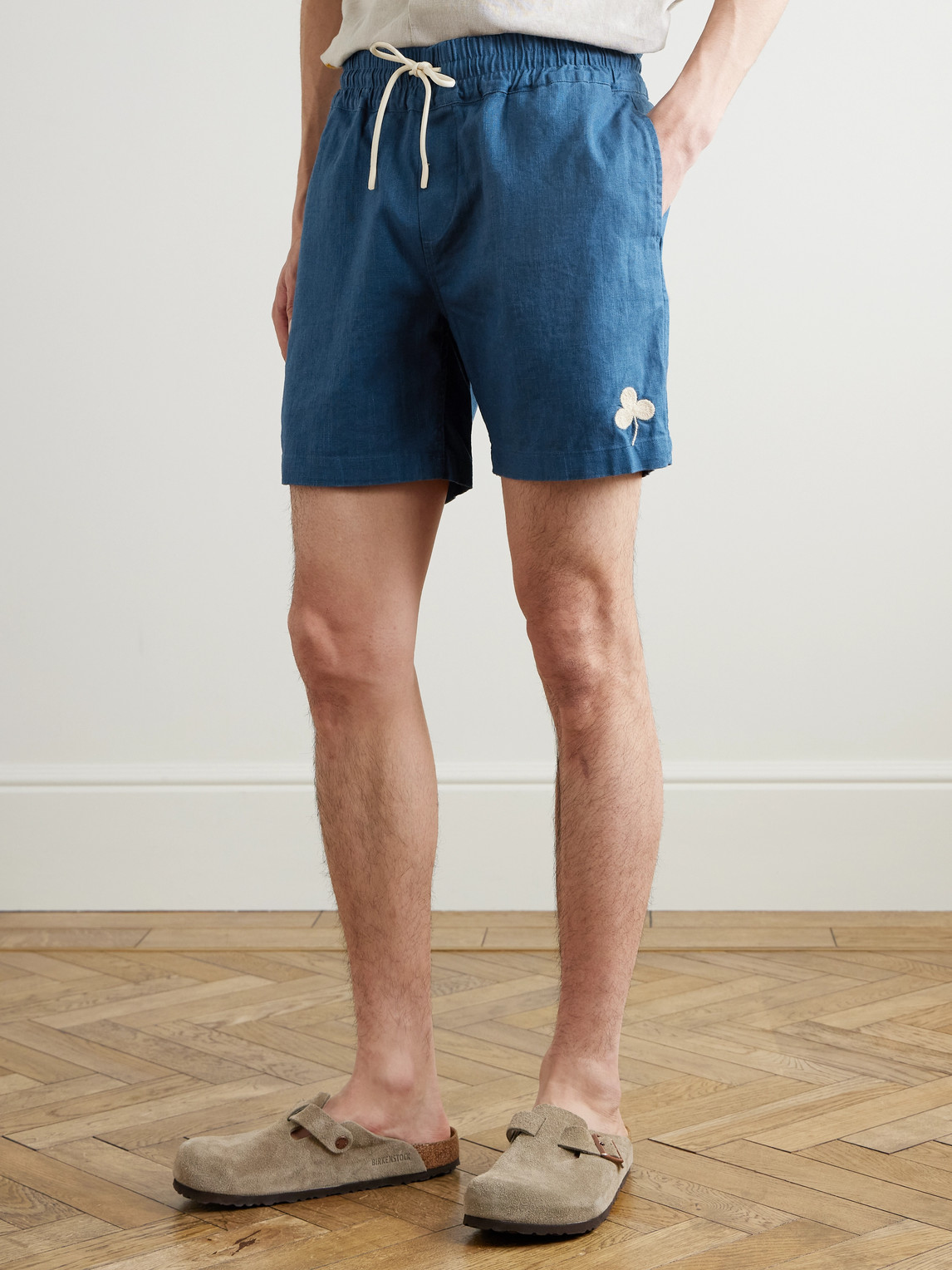 Straight-Leg Embroidered Ramie Drawstring Shorts