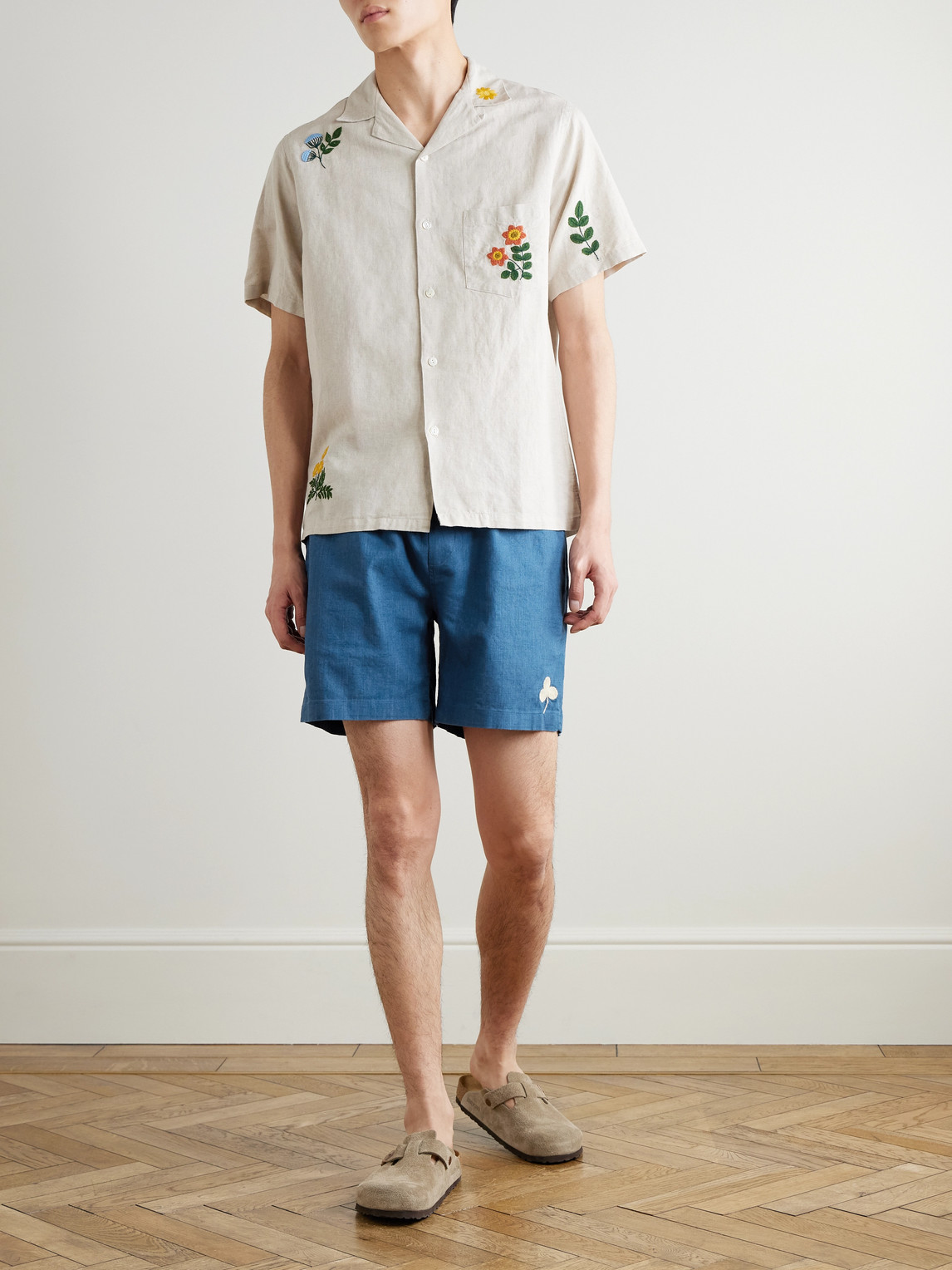 Straight-Leg Embroidered Ramie Drawstring Shorts