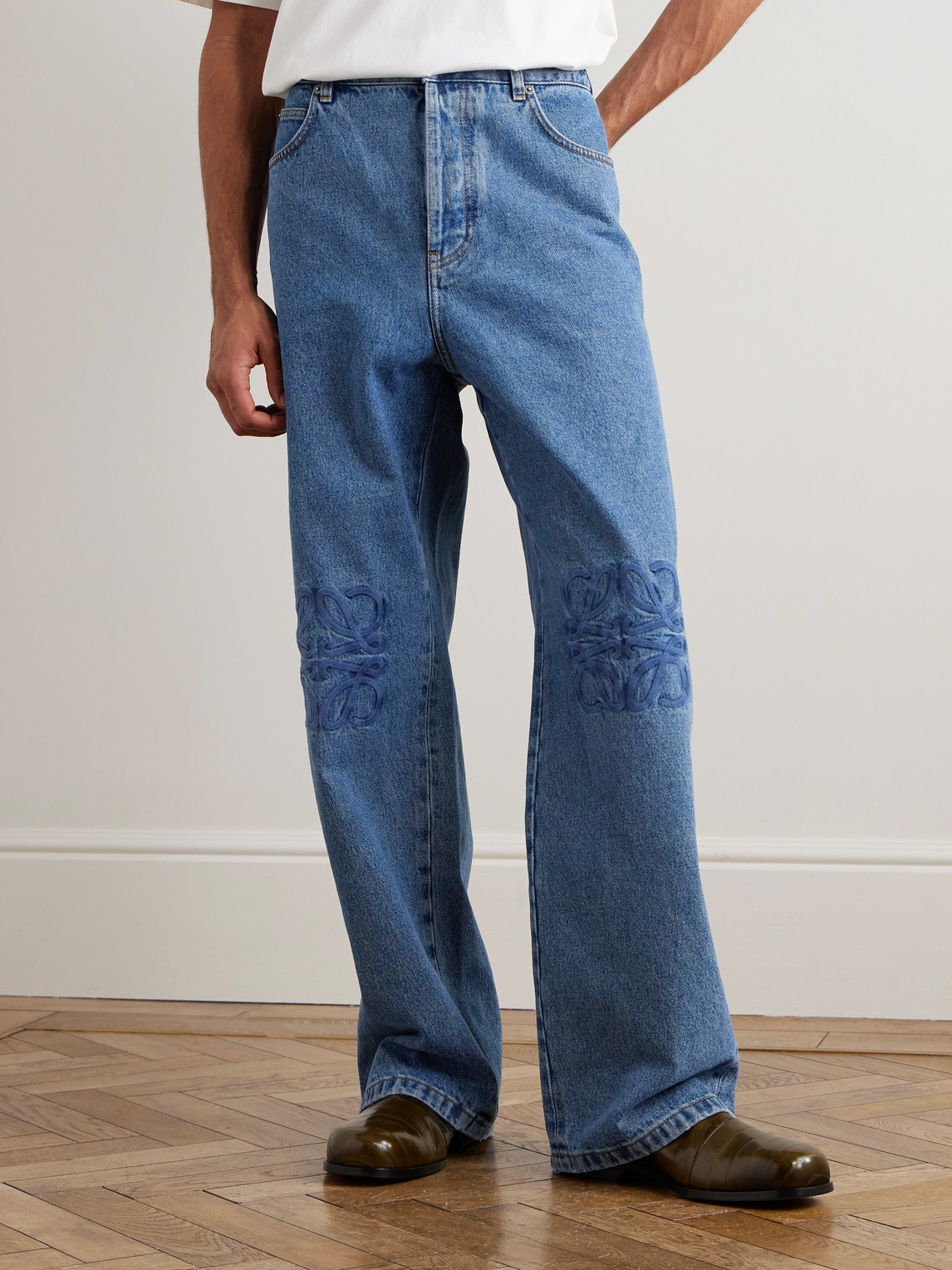 Loewe Denim Trousers Belt Loops Embroidered Back Pockets In Blue