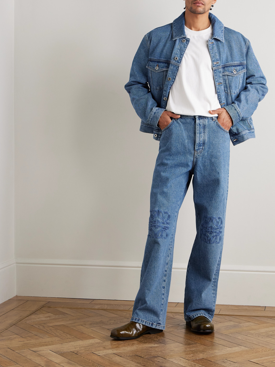 Loewe Denim Trousers Belt Loops Embroidered Back Pockets In Blue