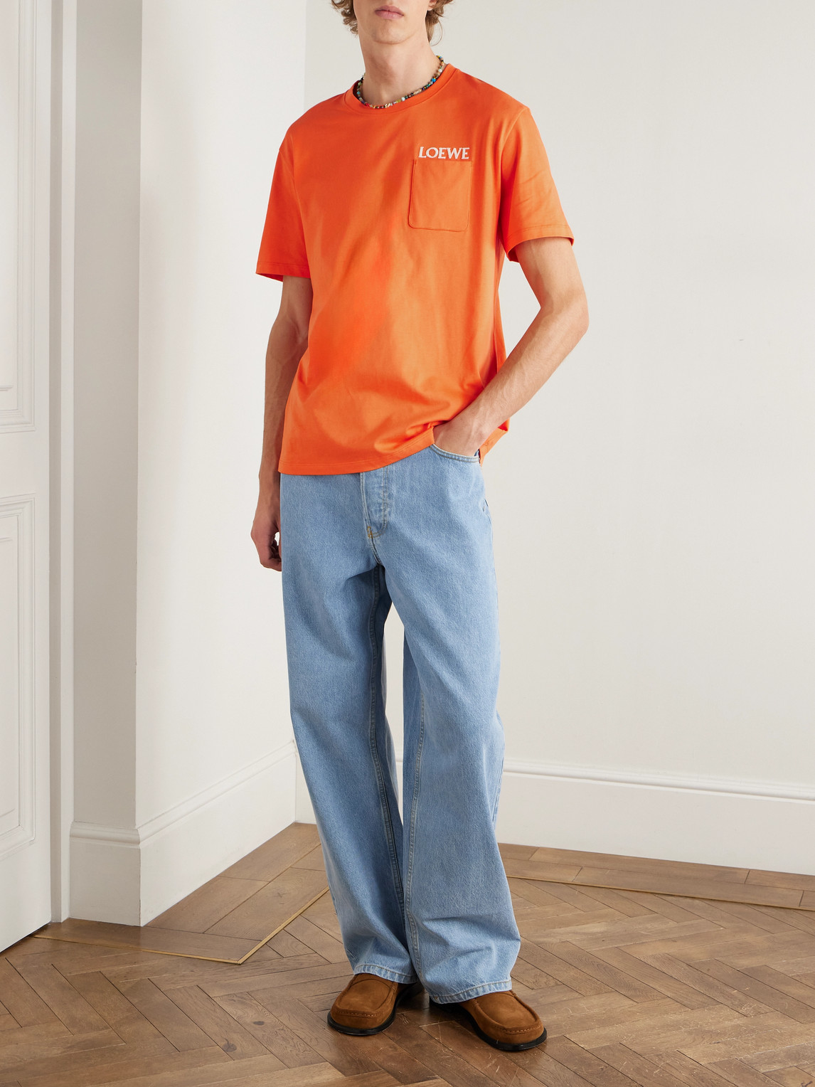 Loewe Logo-embroidered Cotton-jersey T-shirt In Orange