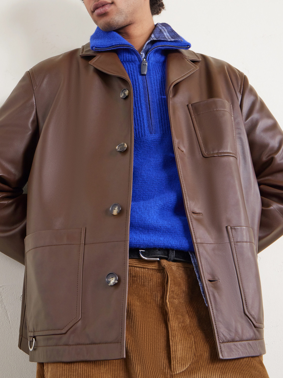 Loewe Camp-collar Logo-debossed Leather Jacket In Brown