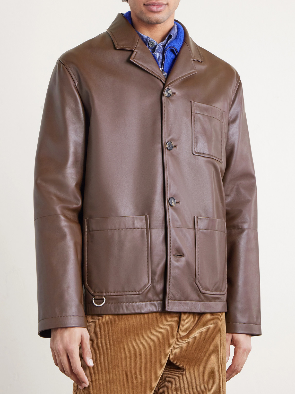 Loewe Camp-collar Logo-debossed Leather Jacket In Brown