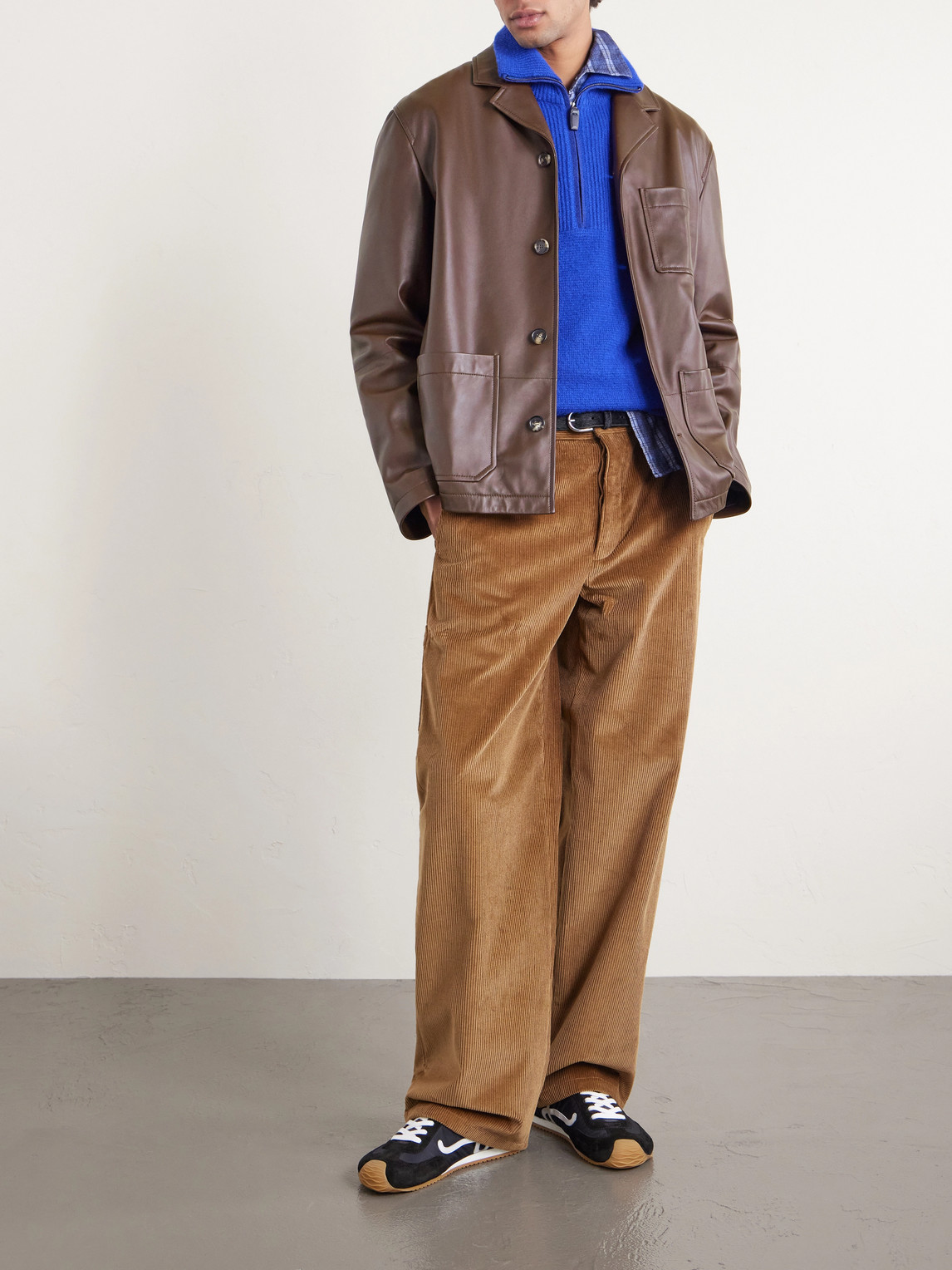 Loewe Camp-collar Logo-debossed Leather Jacket In Brown