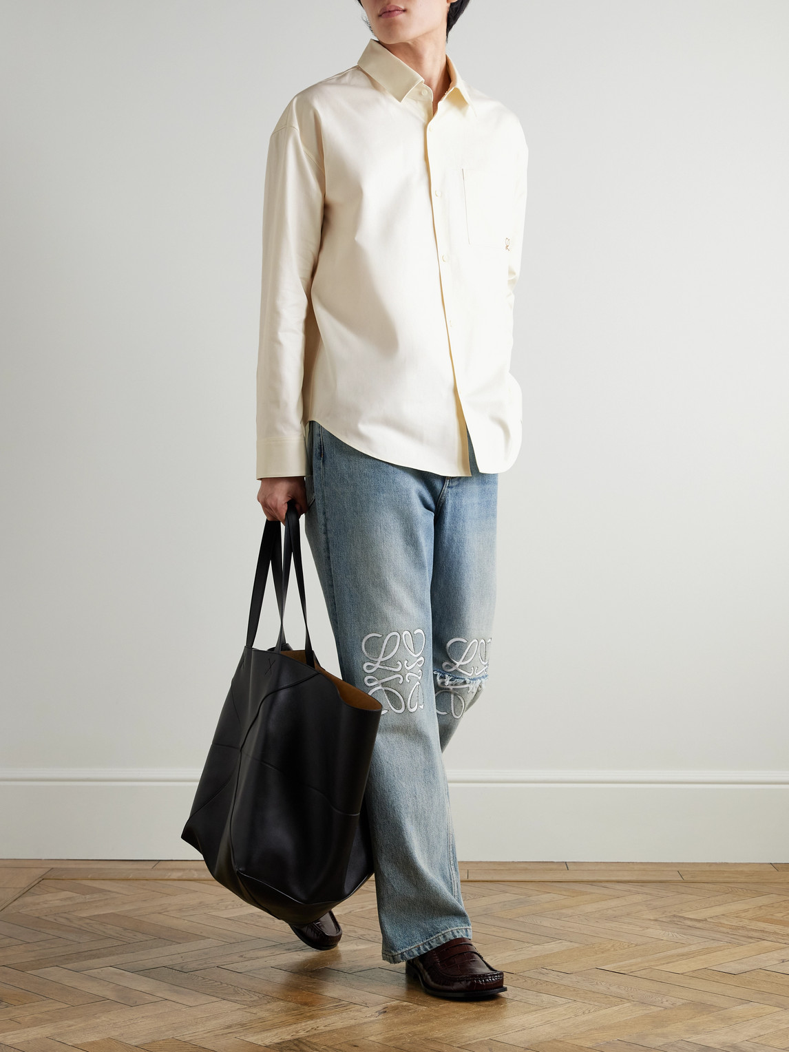 Loewe Men Cotton Shirt With An Embroidered Anagram Logo In White