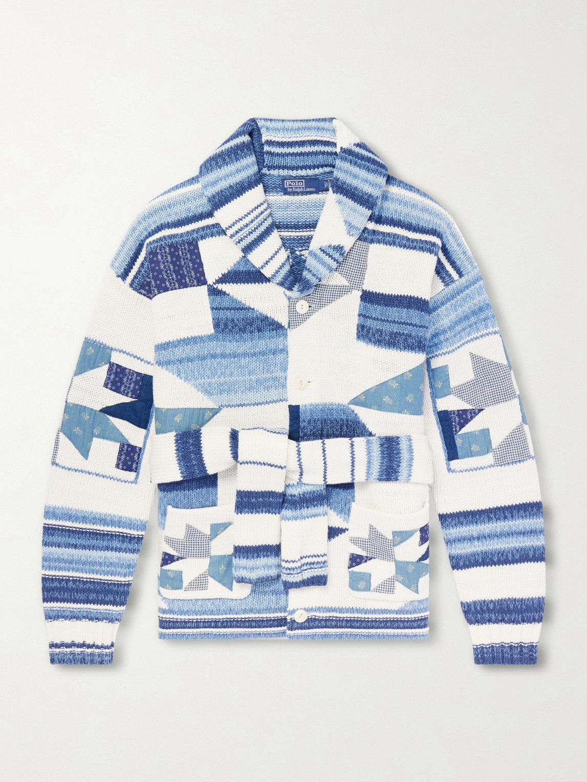 Polo Ralph Lauren Shawl-collar Patchwork Cotton And Linen-blend Cardigan In Blue