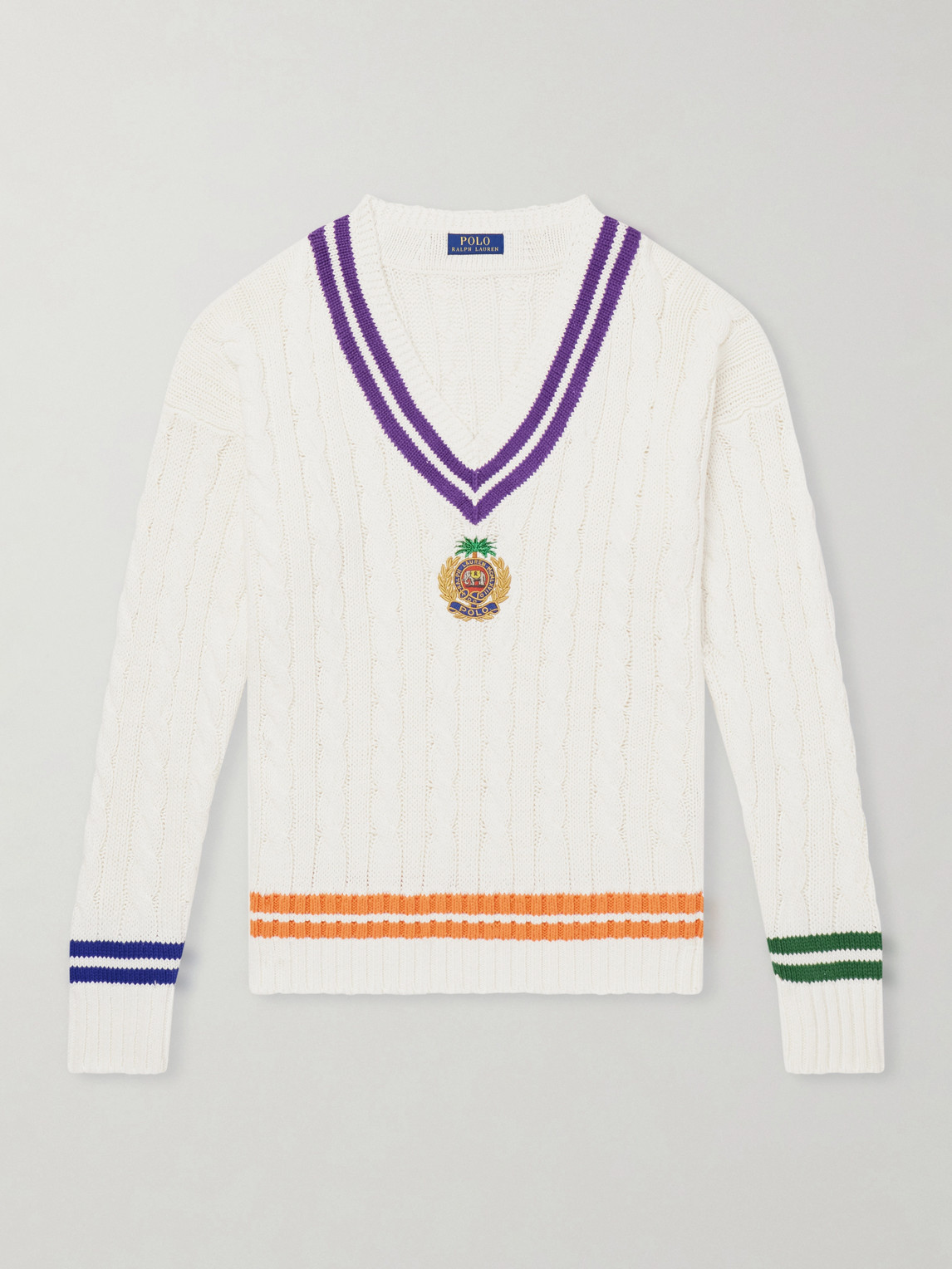 Polo Ralph Lauren Mens Cream Combo Crest-embroidered Cable-knit Cotton And Linen Jumper Xl In White