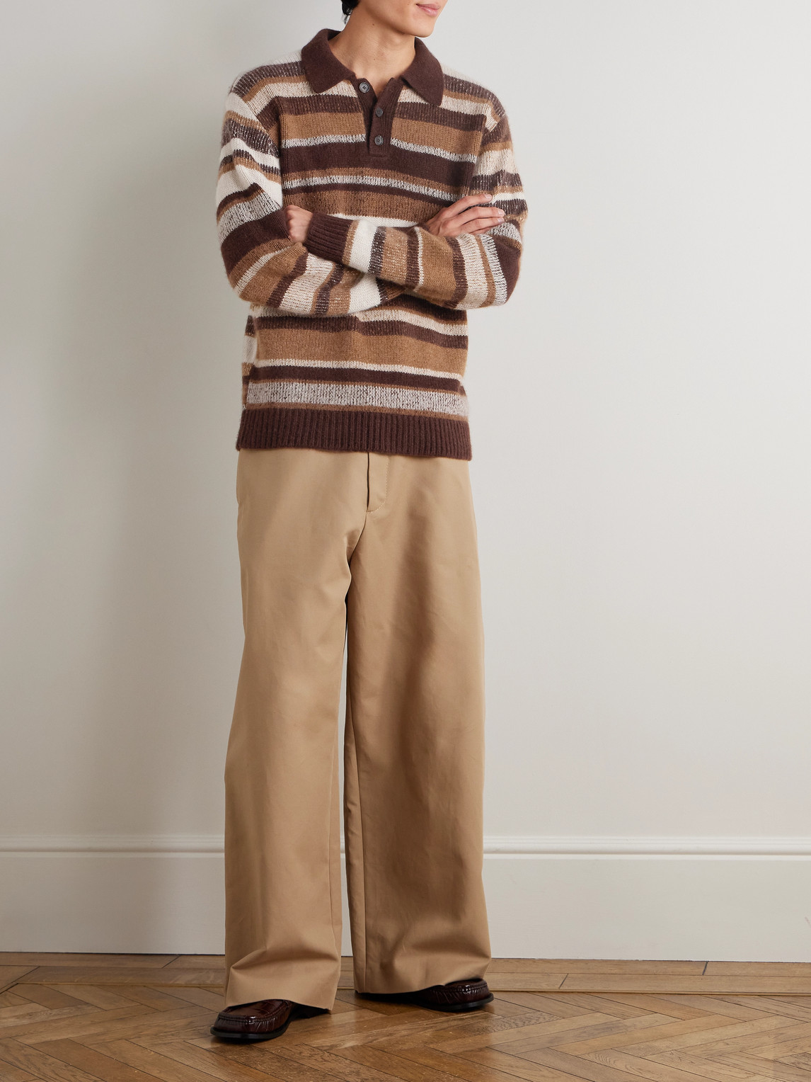 The Elder Statesman Striped Cashmere Polo Shirt In Brown