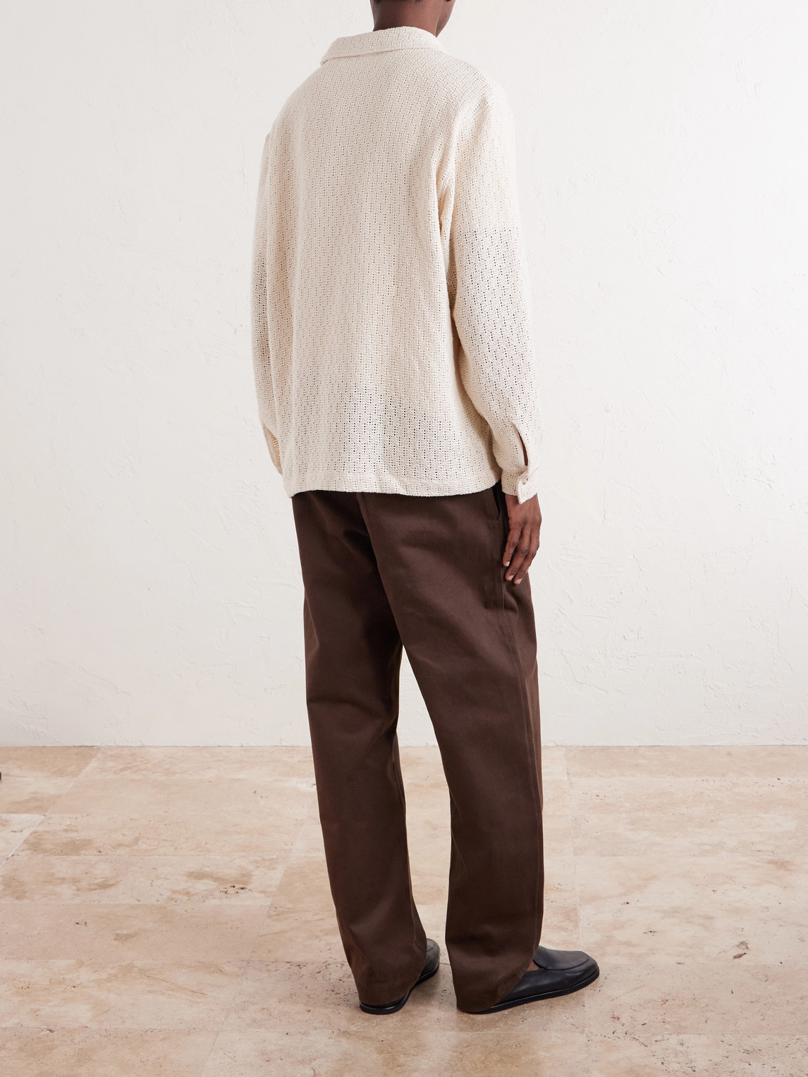 Holiday Camp-Collar Crochet-Knit Cotton Shirt