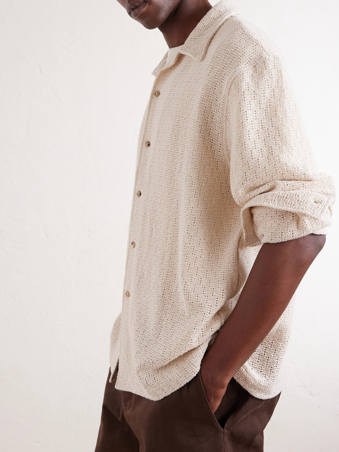 Holiday Camp-Collar Crochet-Knit Cotton Shirt