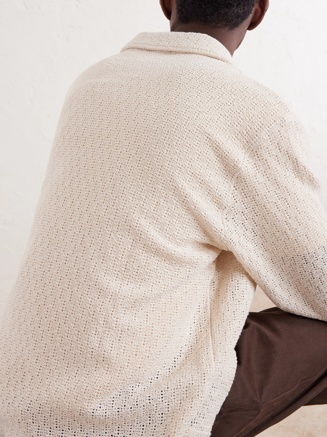 Holiday Camp-Collar Crochet-Knit Cotton Shirt