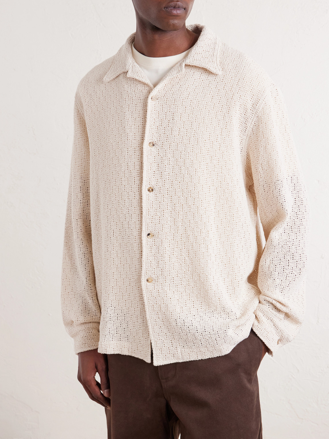 Holiday Camp-Collar Crochet-Knit Cotton Shirt