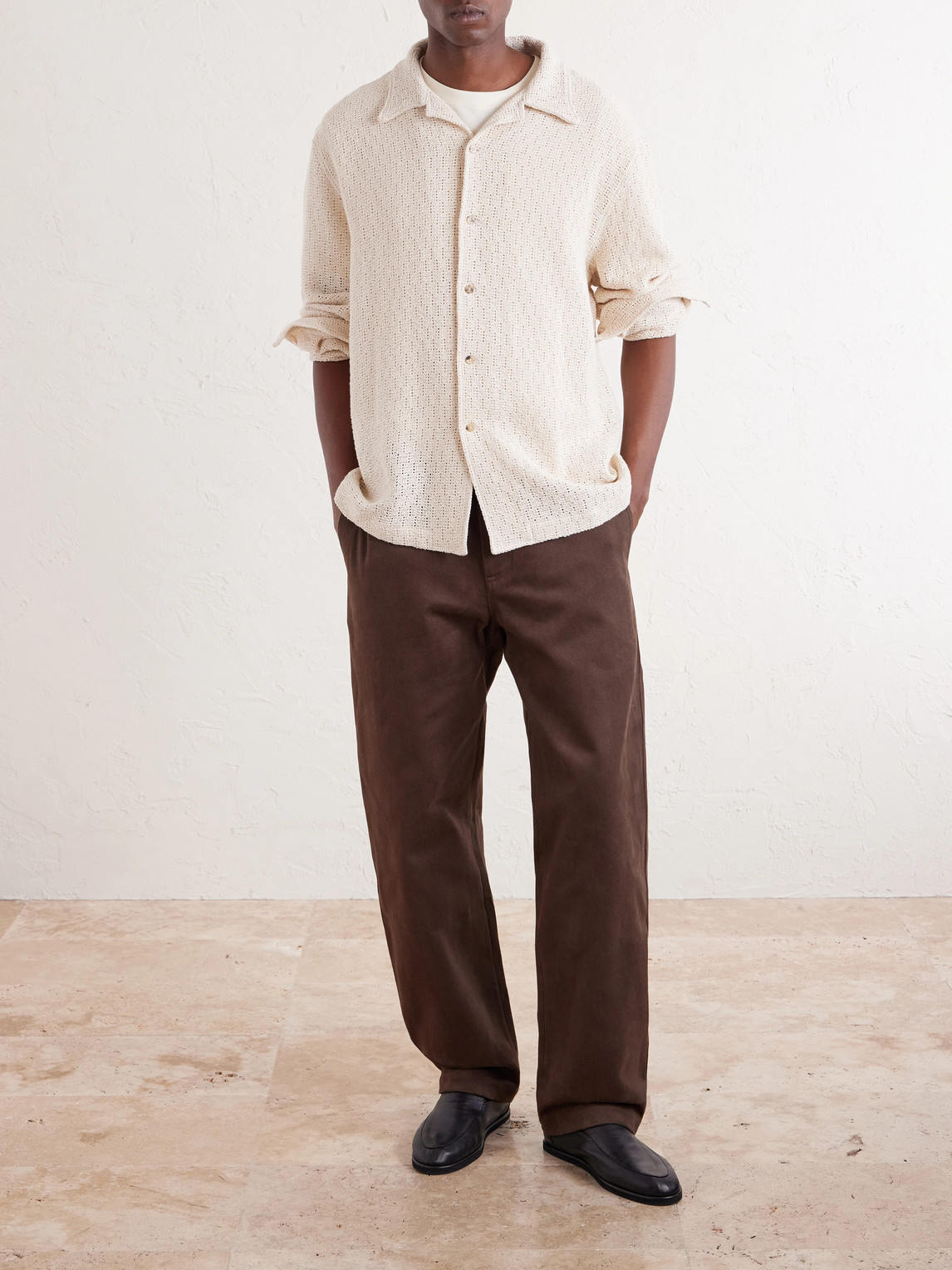Holiday Camp-Collar Crochet-Knit Cotton Shirt