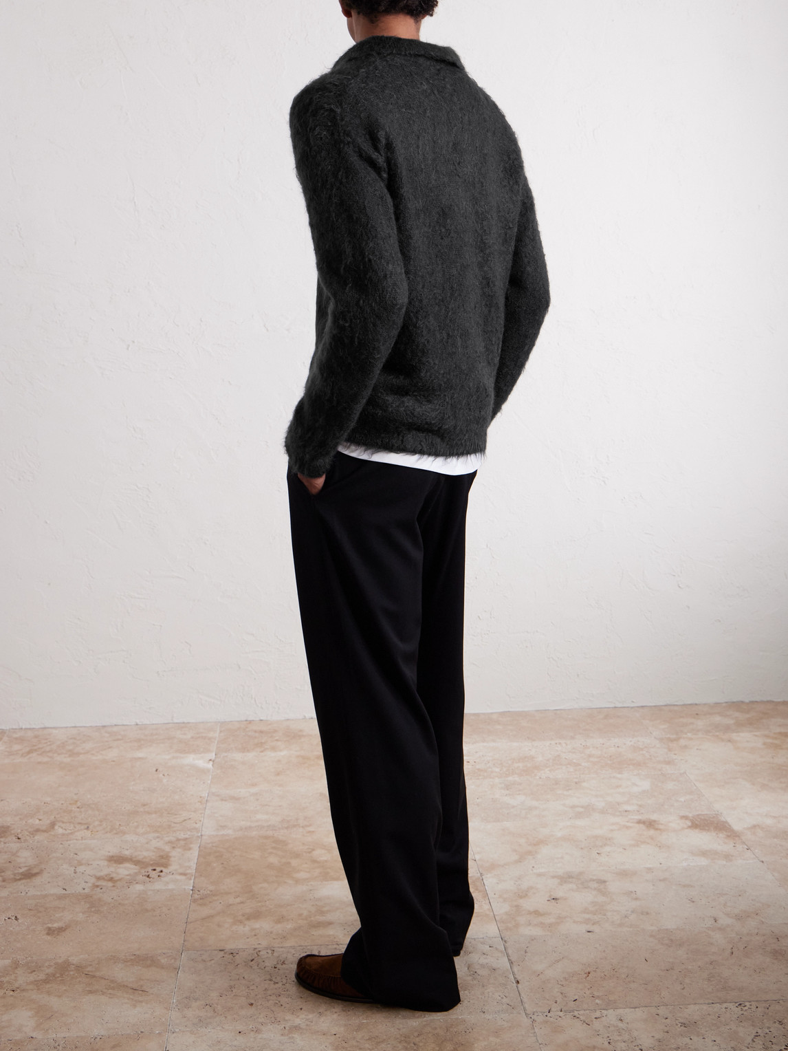 Auralee Brushed Mohair And Wool-blend Polo Sweater In Black