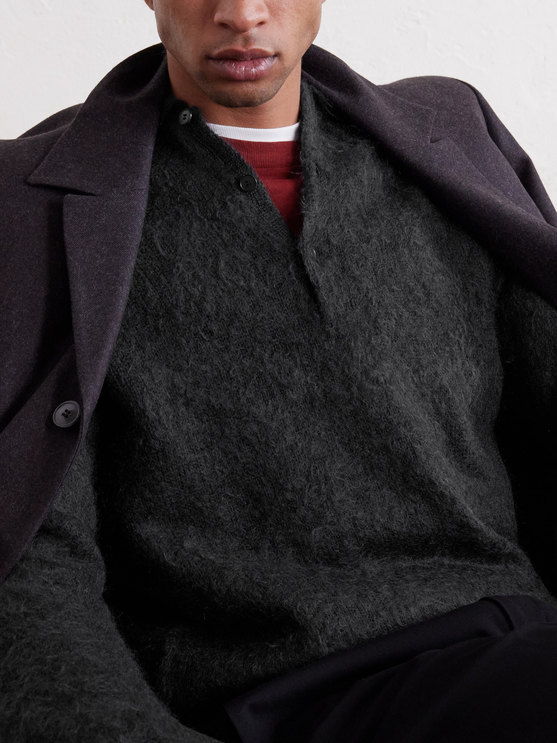 Auralee Brushed Mohair And Wool-blend Polo Sweater In Black
