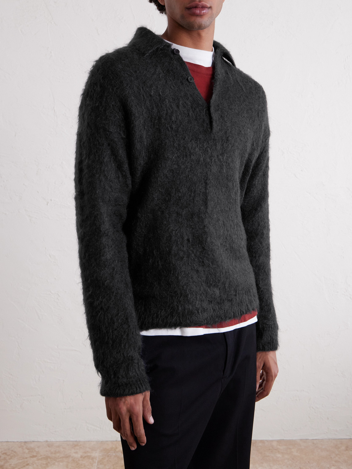 Auralee Brushed Mohair And Wool-blend Polo Sweater In Black