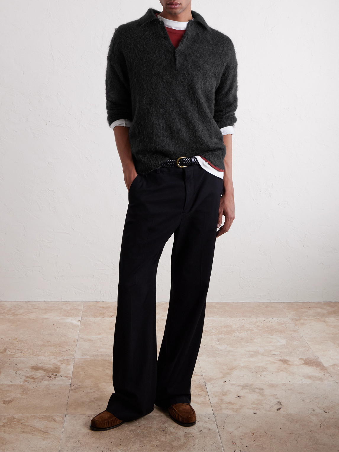 Auralee Brushed Mohair And Wool-blend Polo Sweater In Black