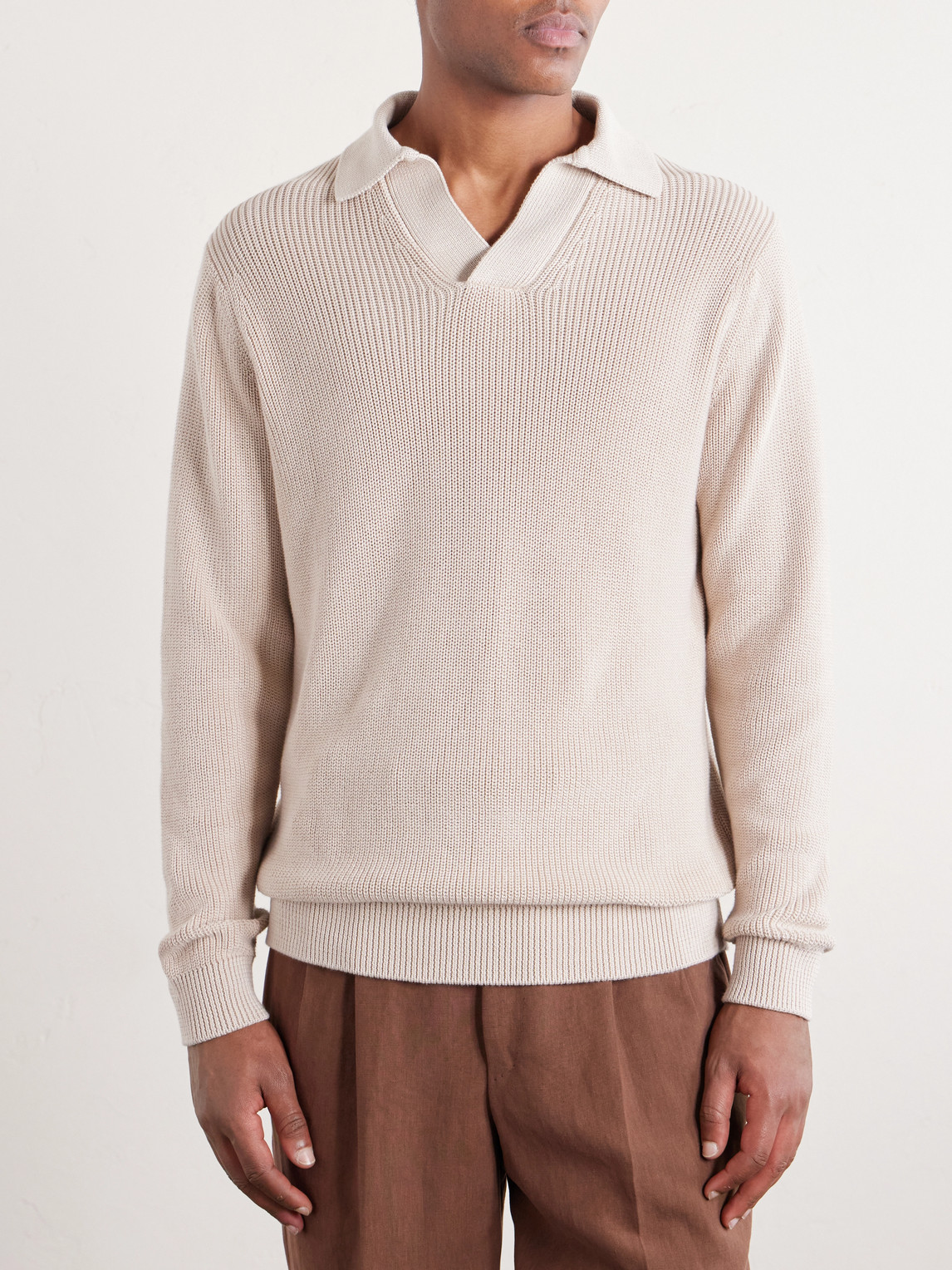  Thom Sweeney - Cotton Long Sleeve Polo - Men - Neutrals - S 