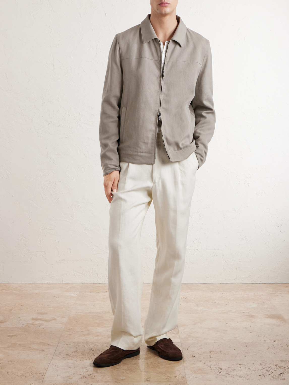 Thom Sweeney Linen Bomber Jacket In Brown