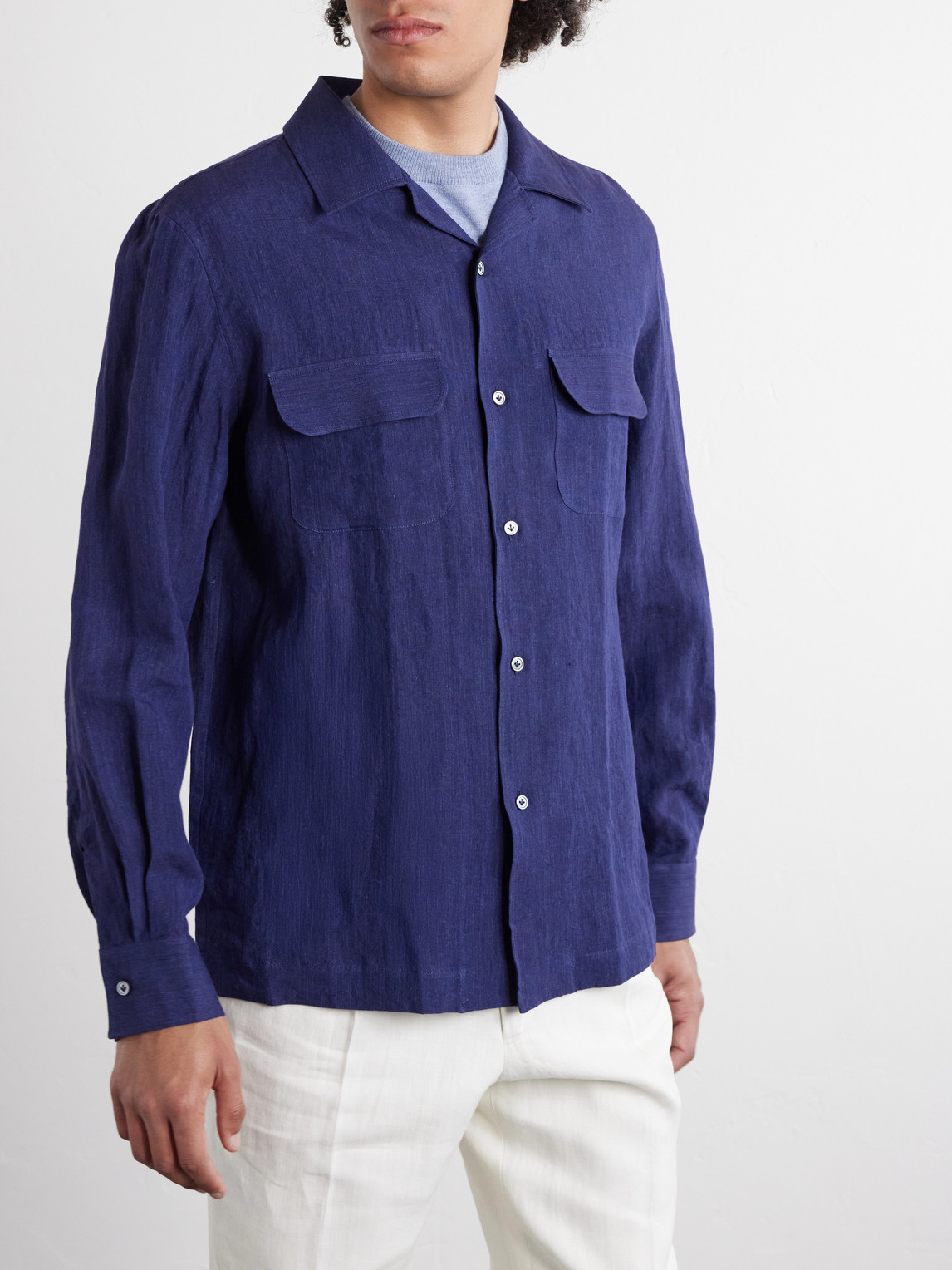  Thom Sweeney - Linen Shirt - Men - Blue - S 