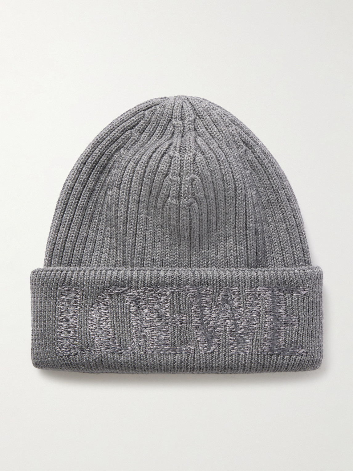 Loewe Logo-embroidered Ribbed Wool Beanie In Gray