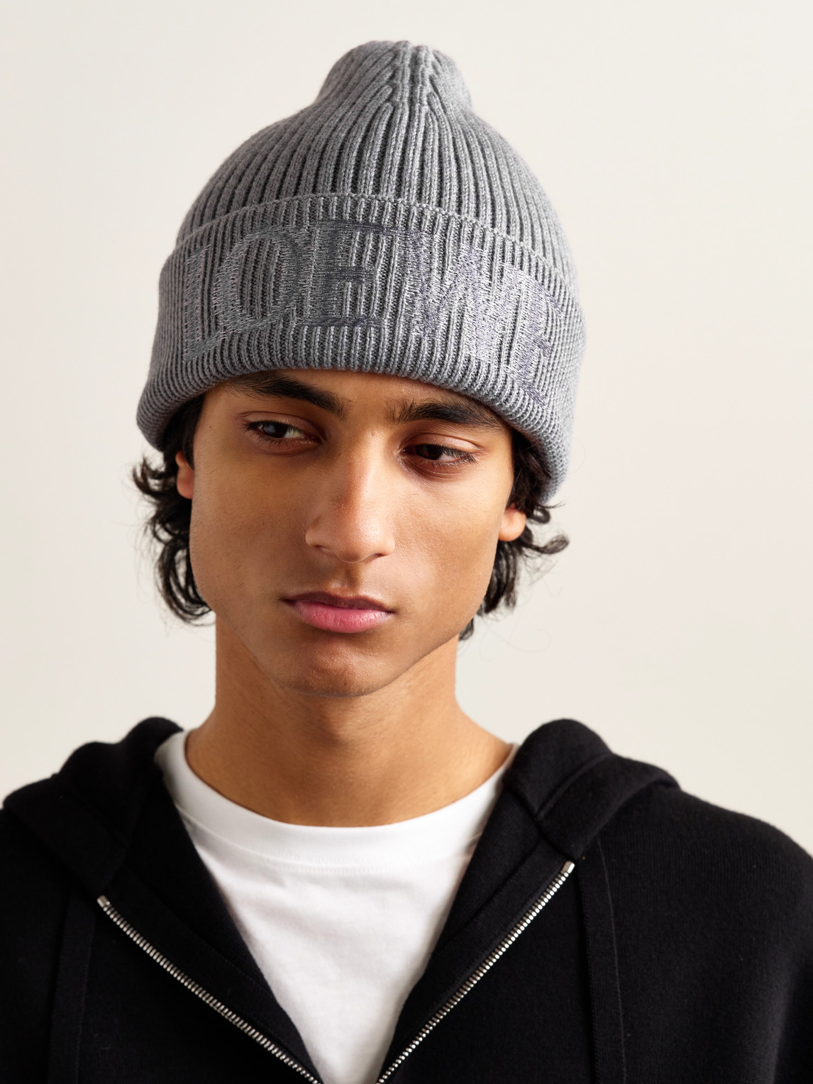 Loewe Logo-embroidered Ribbed Wool Beanie In Gray