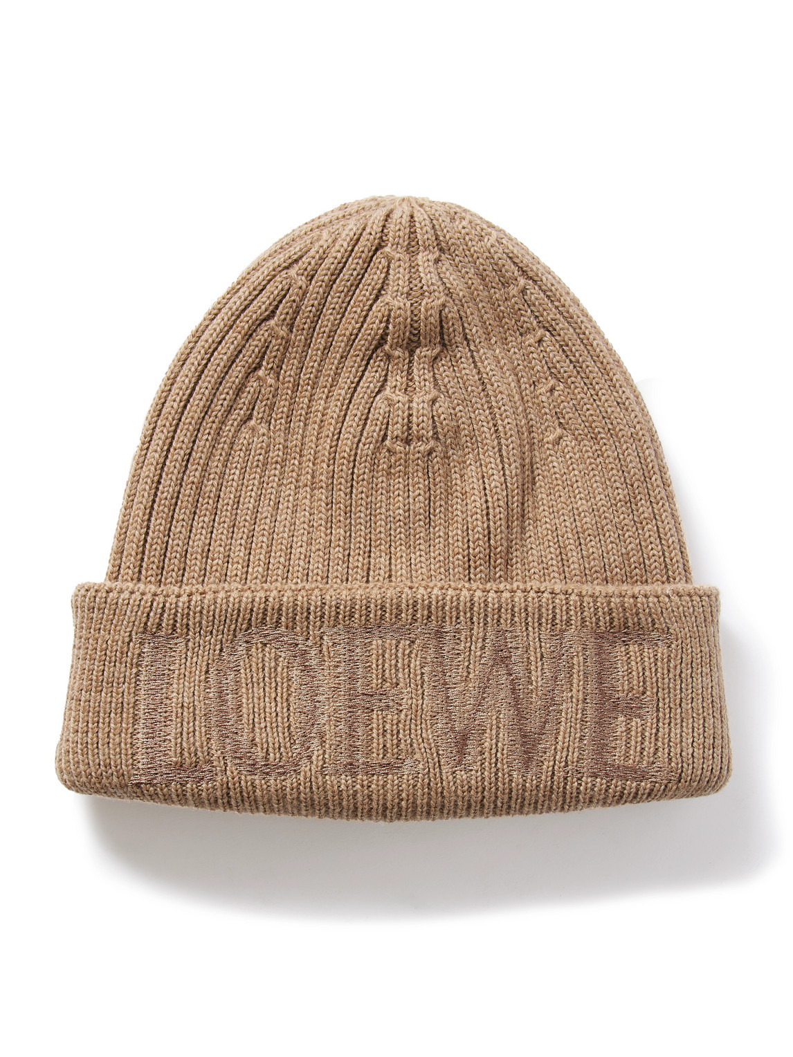 Loewe Logo-embroidered Ribbed Wool Beanie In Neutral