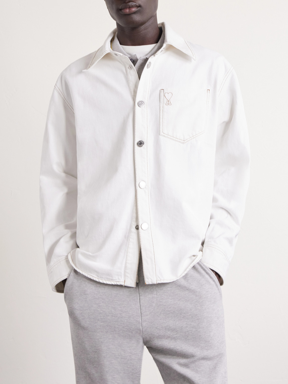  Ami Paris - Logo-embroidered Denim Overshirt - Men - White - Xs 