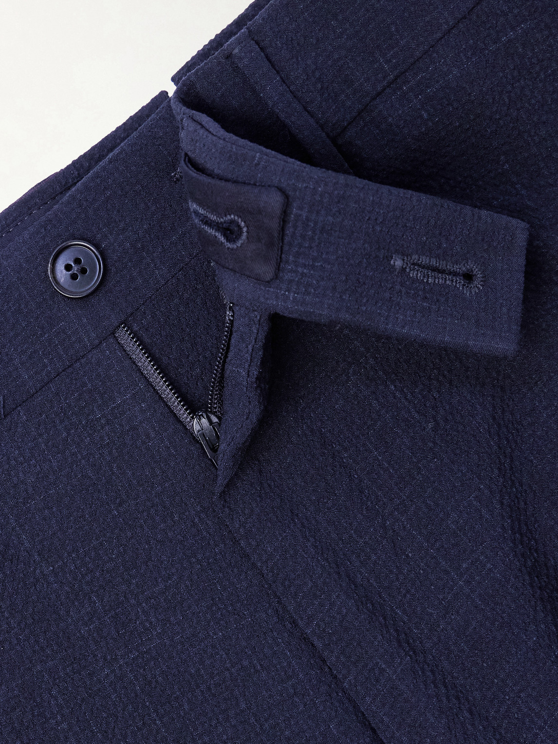 Straight-Leg Wool, Silk And Linen-Blend Seersucker Trousers