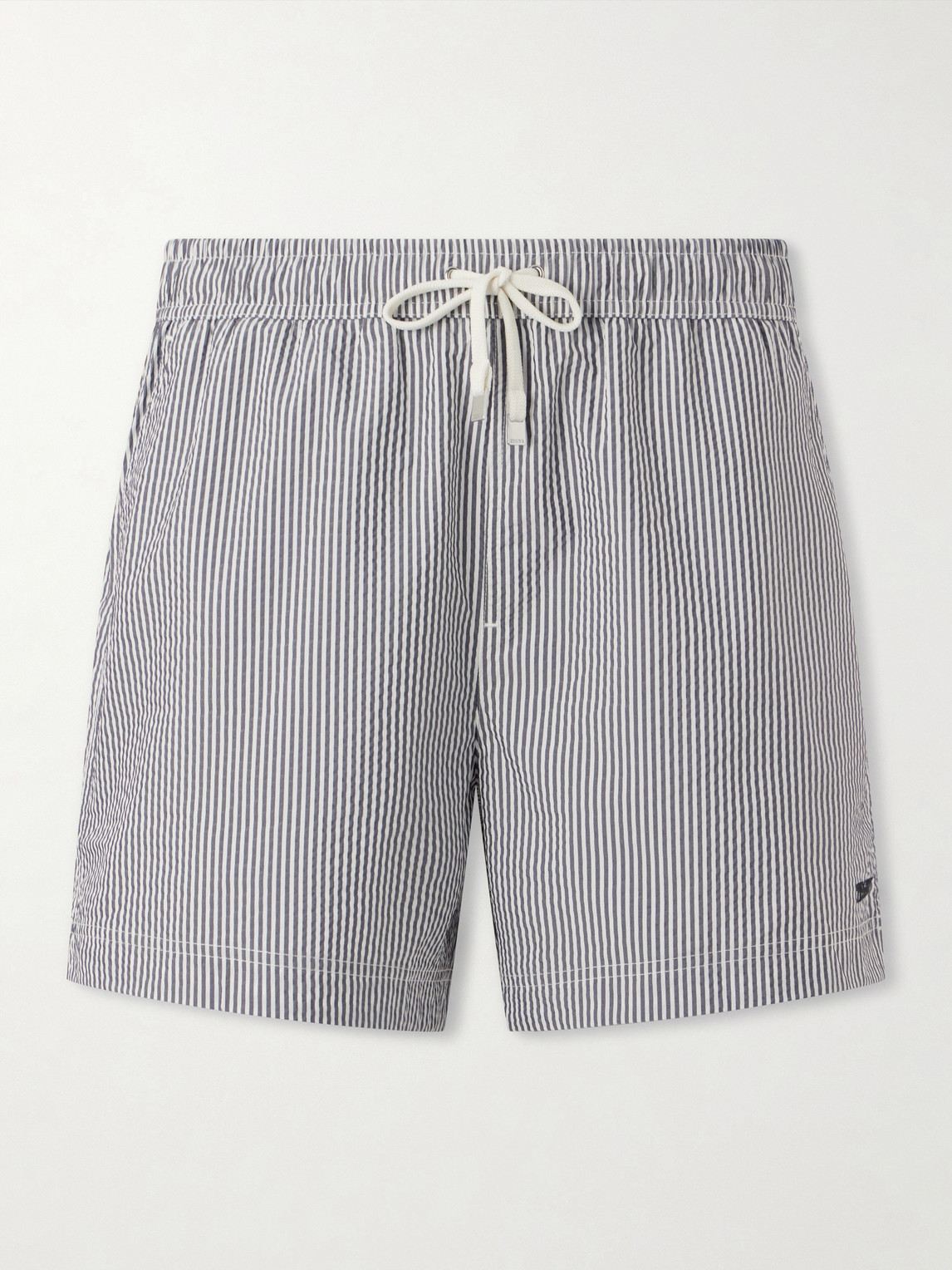 Zegna Straight-Leg Mid-Length Striped Seersucker Swim Shorts - Men