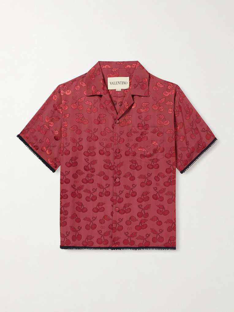 Valentino Garavani — Cherryfic Camp-Collar Crochet-Trimmed Jacquard Shirt