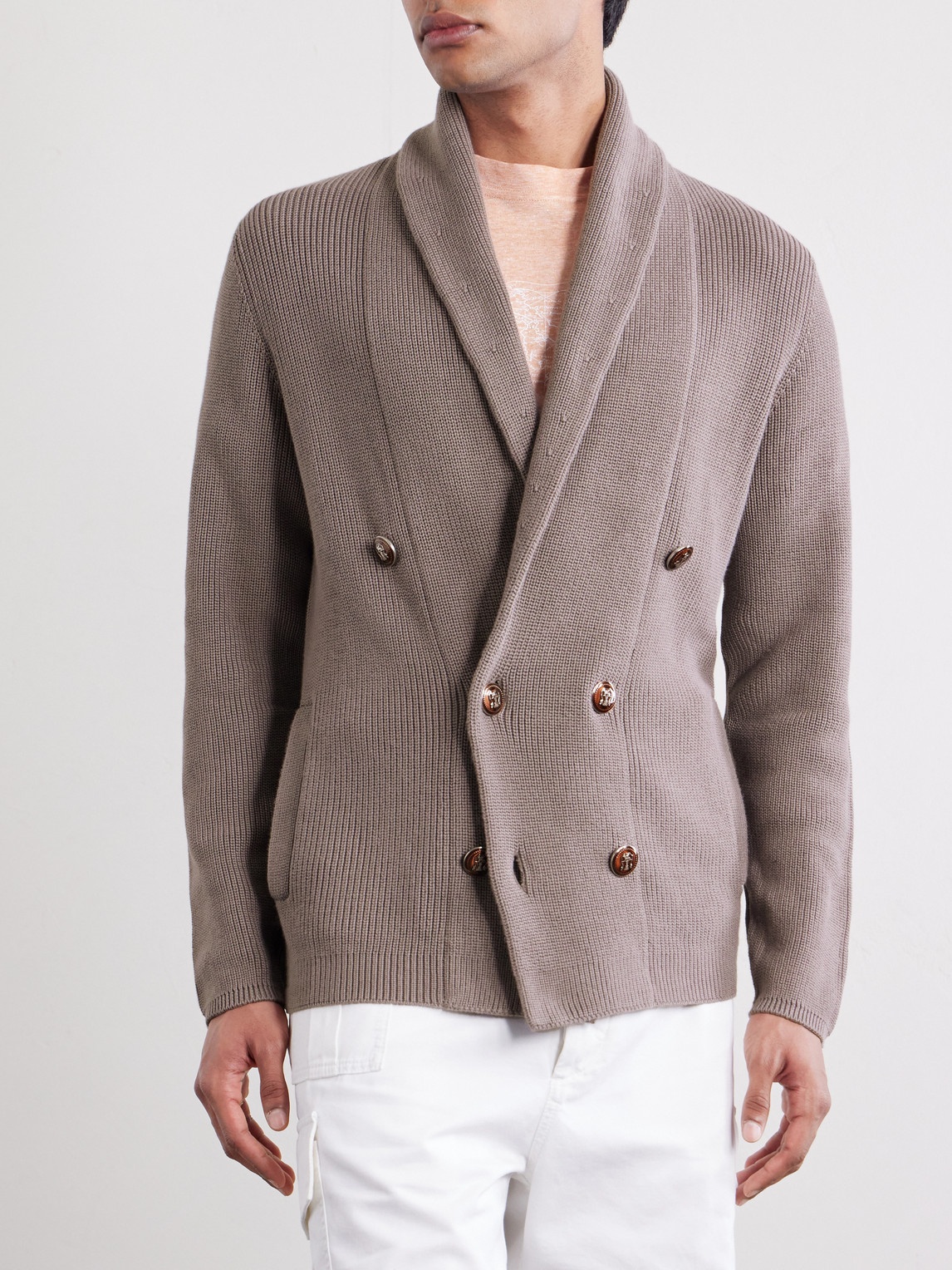 Shawl-Collar Double-Breasted Ribbed Cotton Cardigan