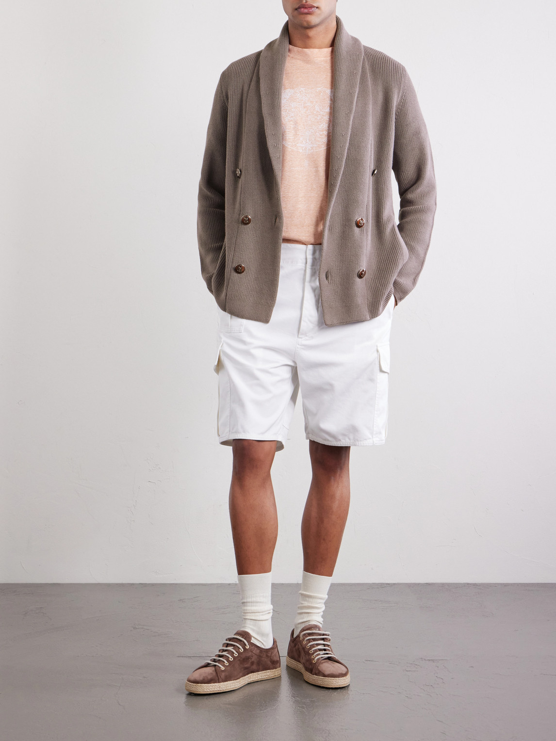 Shawl-Collar Double-Breasted Ribbed Cotton Cardigan