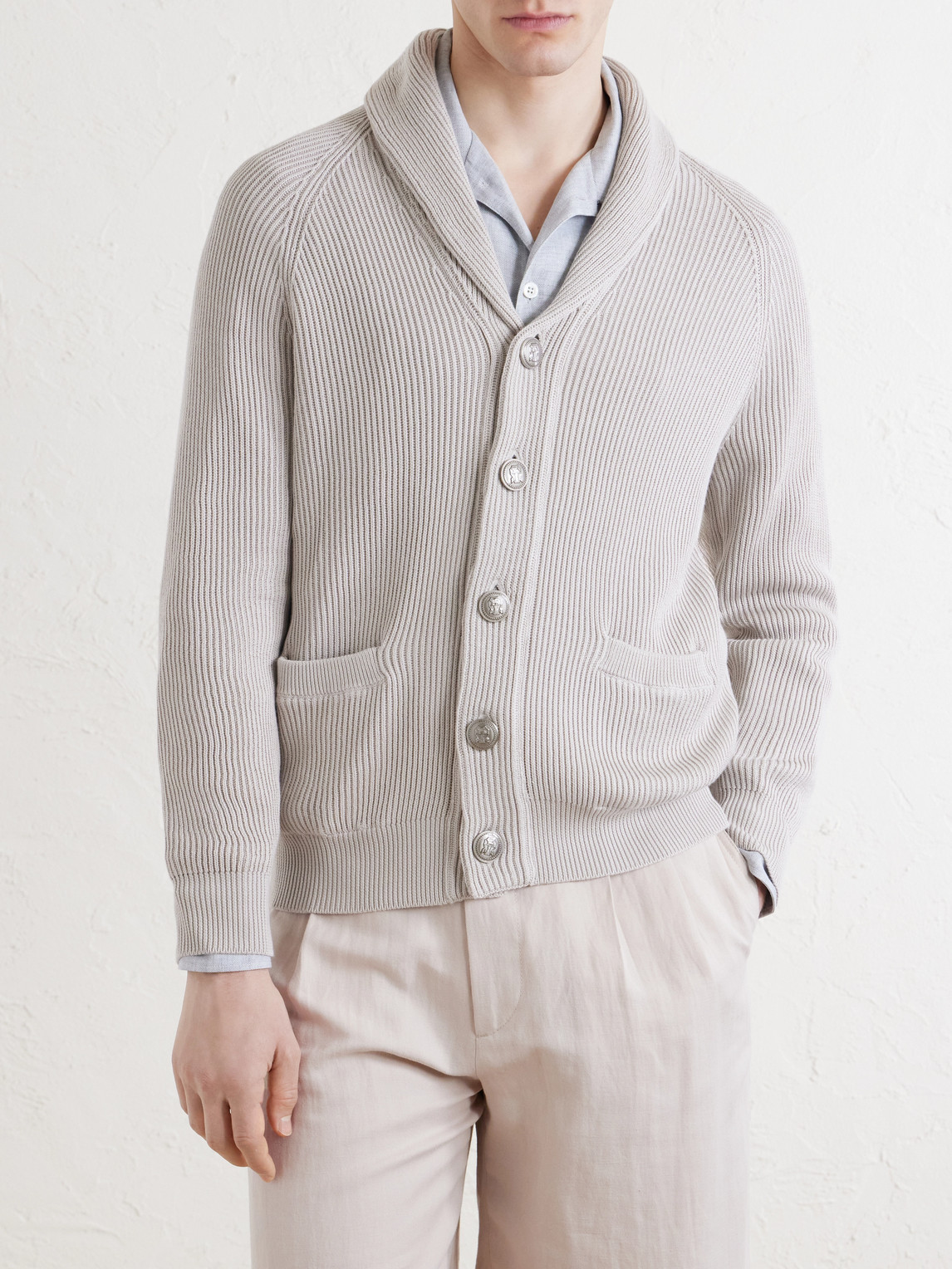  Brunello Cucinelli - Shawl-collar Ribbed Cotton Cardigan - Men - Neutrals - It 46 