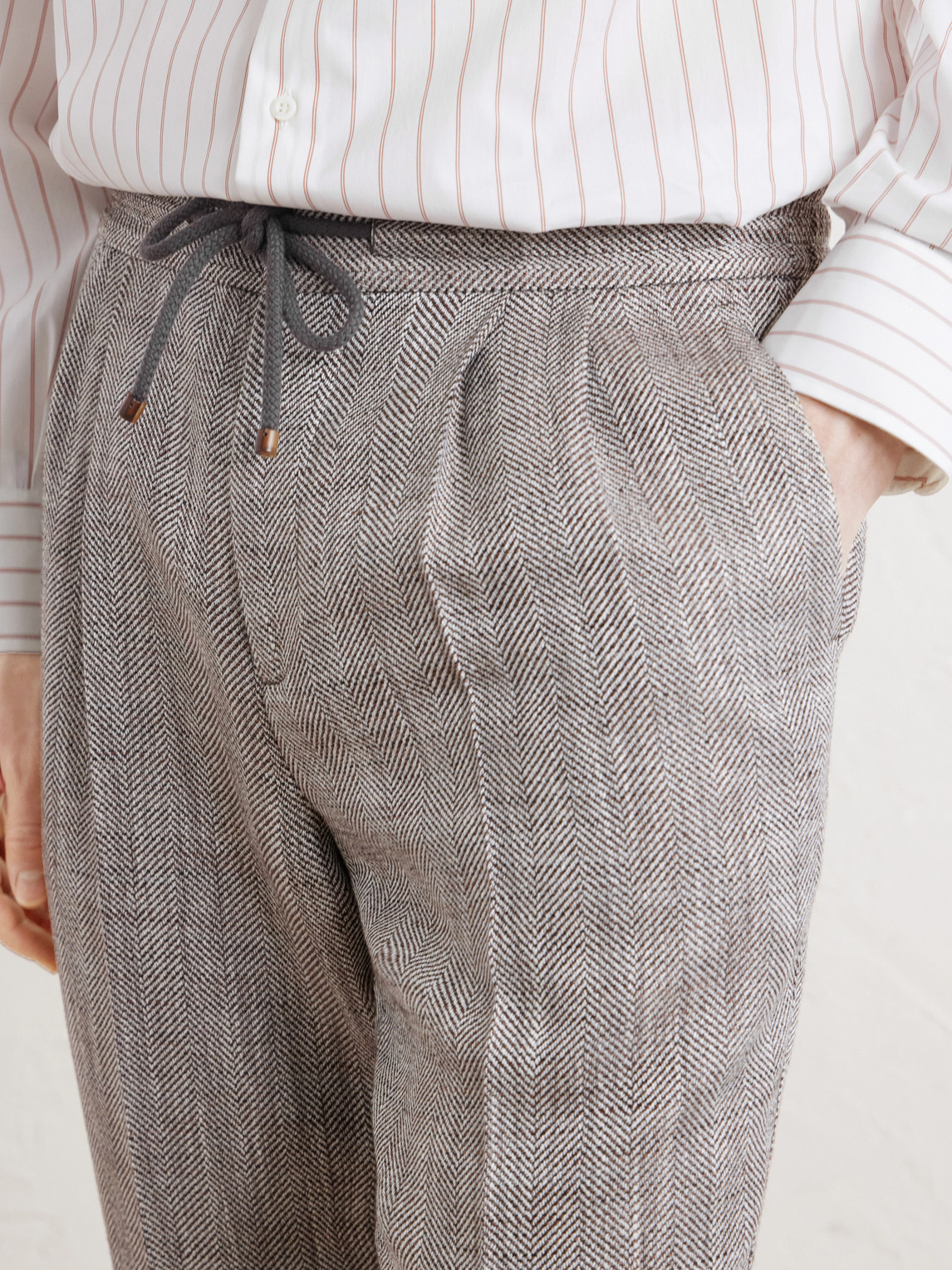 Straight-Leg Pleated Herringbone Trousers