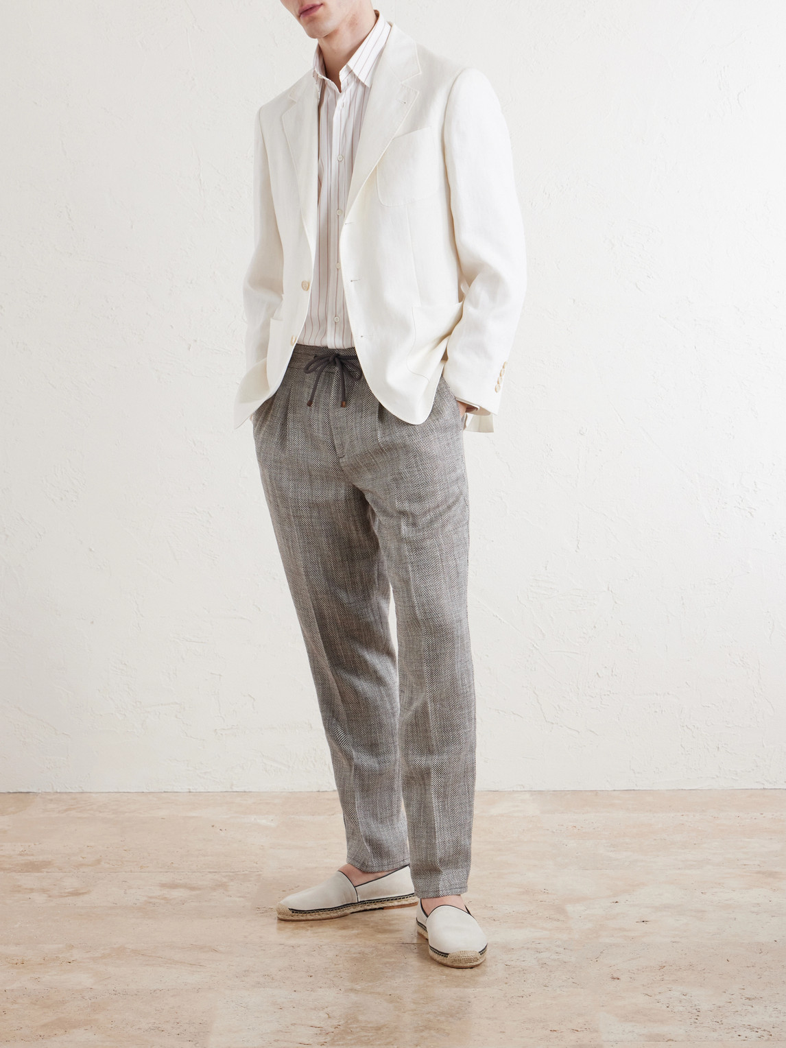 Straight-Leg Pleated Herringbone Trousers