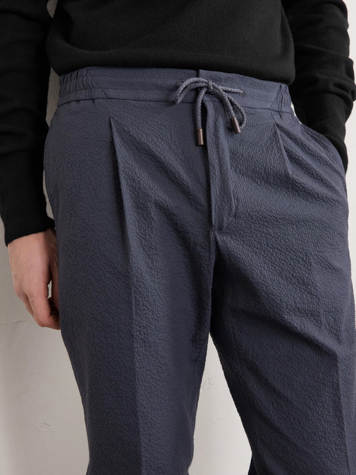 Tapered Cotton-Blend Seersucker Trousers