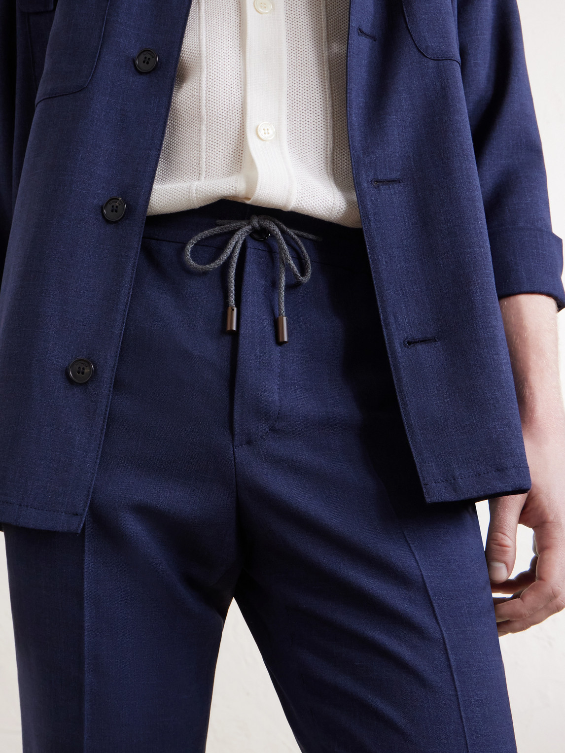 Tapered Pleated Virgin Wool, Silk And Linen-Blend Drawstring Trousers