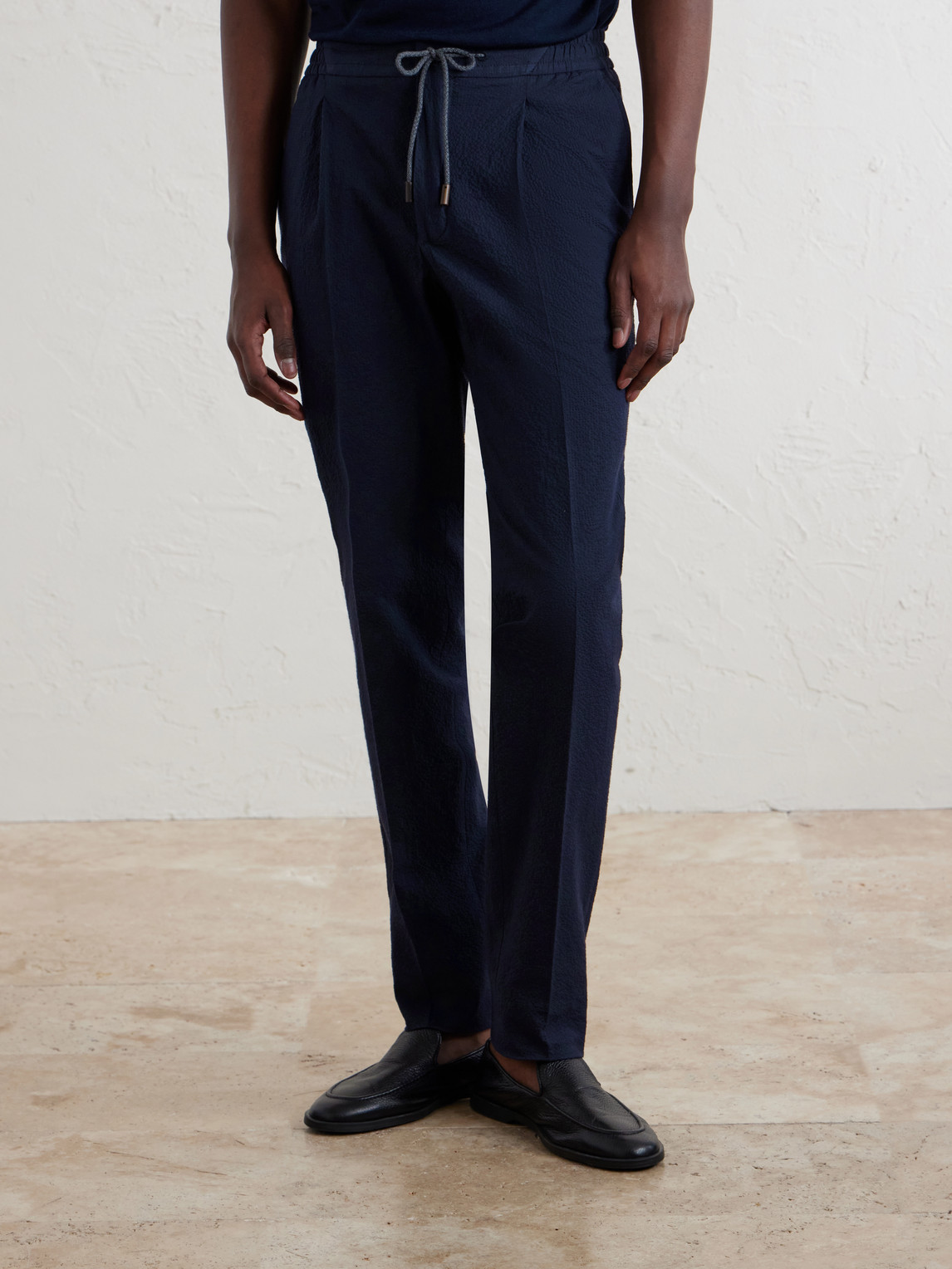 Tapered Cotton-Blend Seersucker Trousers