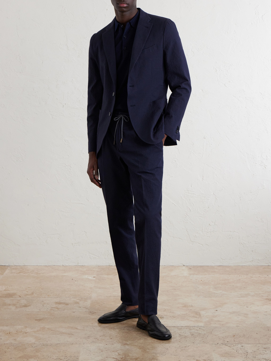 Tapered Cotton-Blend Seersucker Trousers