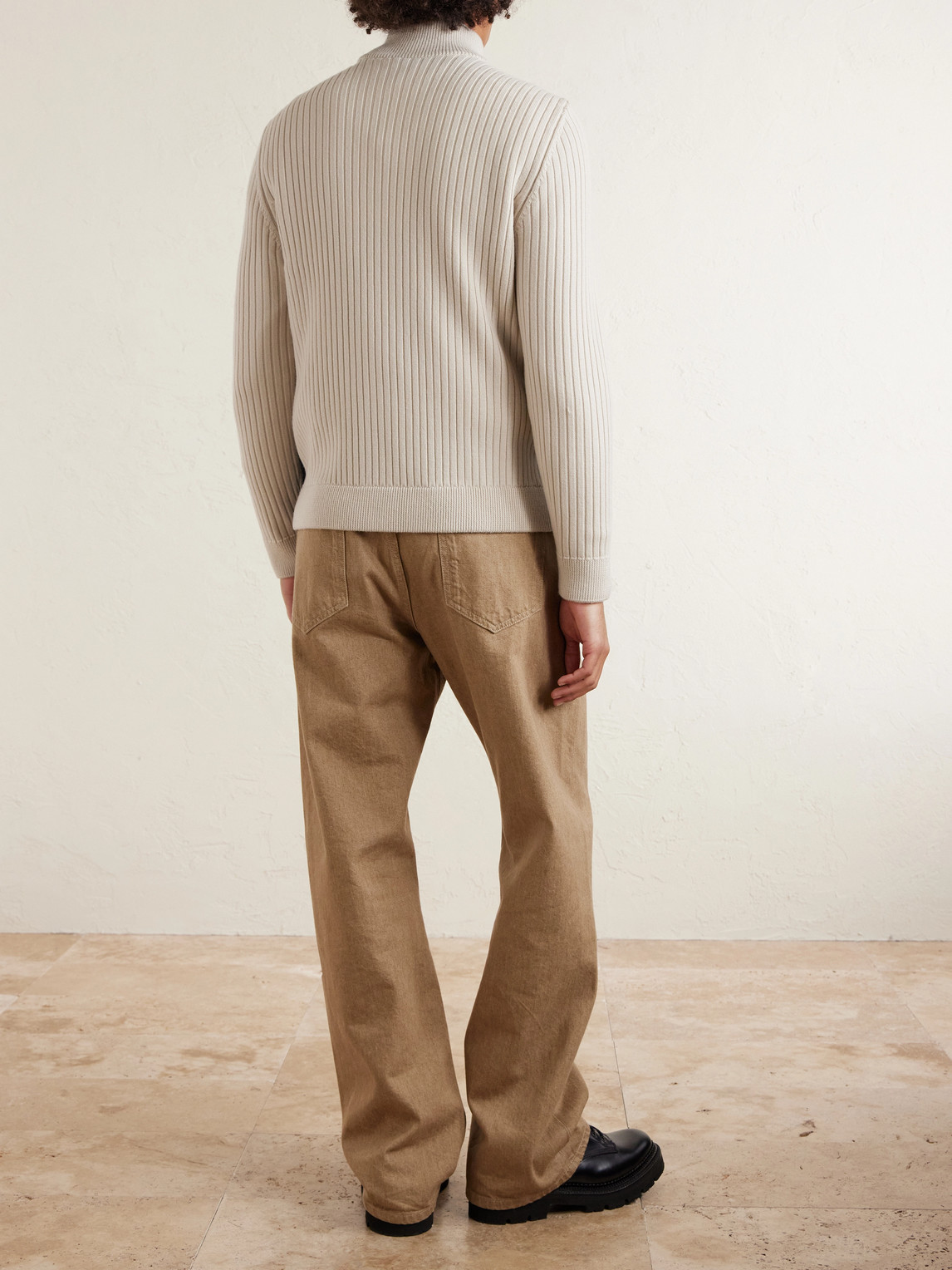 Shell-Trimmed Ribbed Wool Down Zip-Up Cardigan