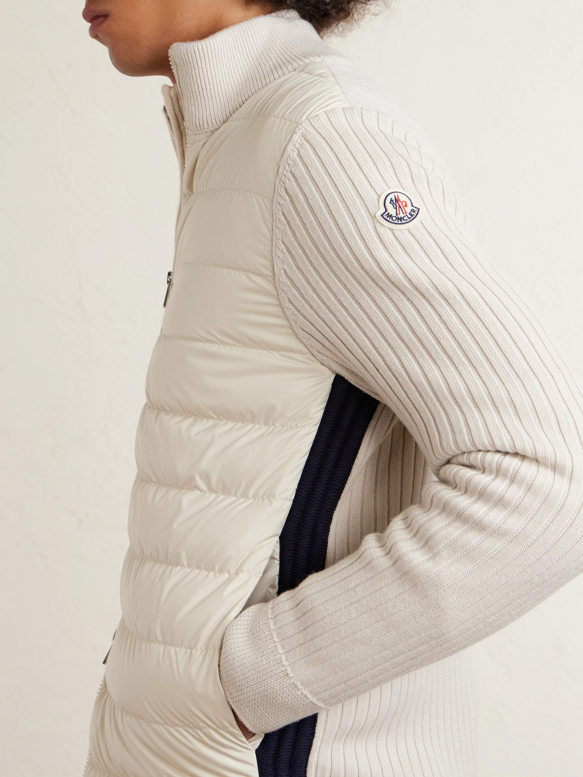 Shell-Trimmed Ribbed Wool Down Zip-Up Cardigan